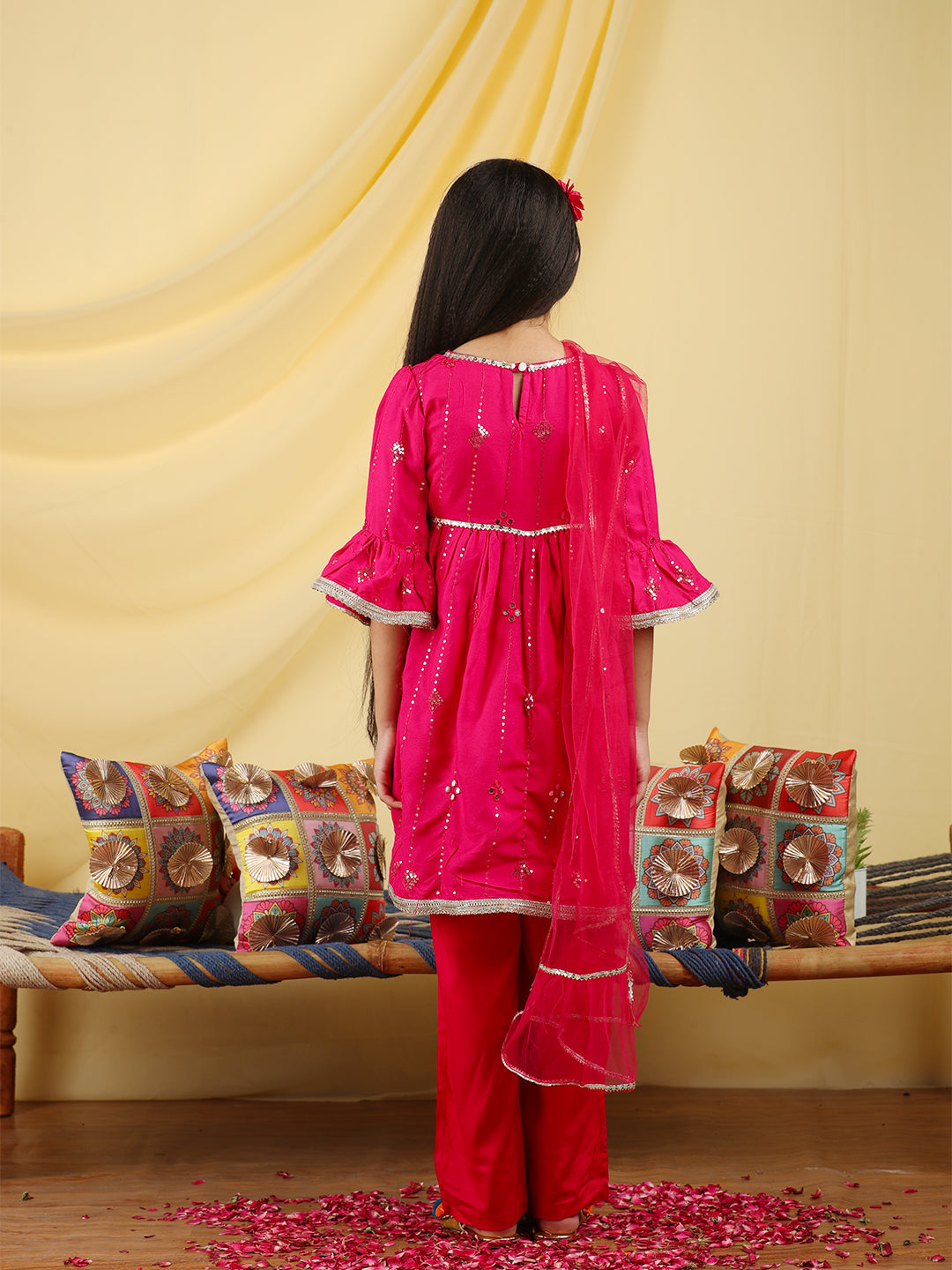 Cutiekins Girls Embroidered Mirror Work Kurta & Palazzo with Dupatta -Magenta & Gold