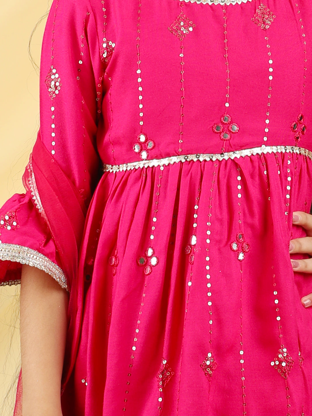 Cutiekins Girls Embroidered Mirror Work Kurta & Palazzo with Dupatta -Magenta & Gold