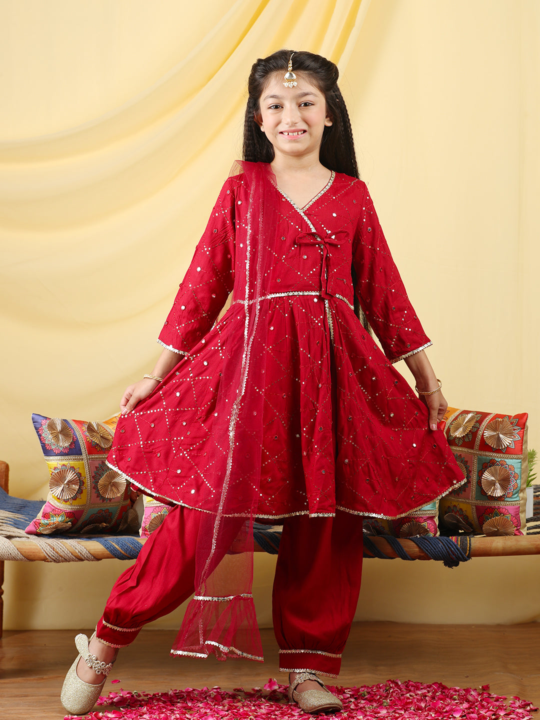 Cutiekins Girls Embroidered Angrakha Kurta & Salwar with Dupatta -Maroon & Gold