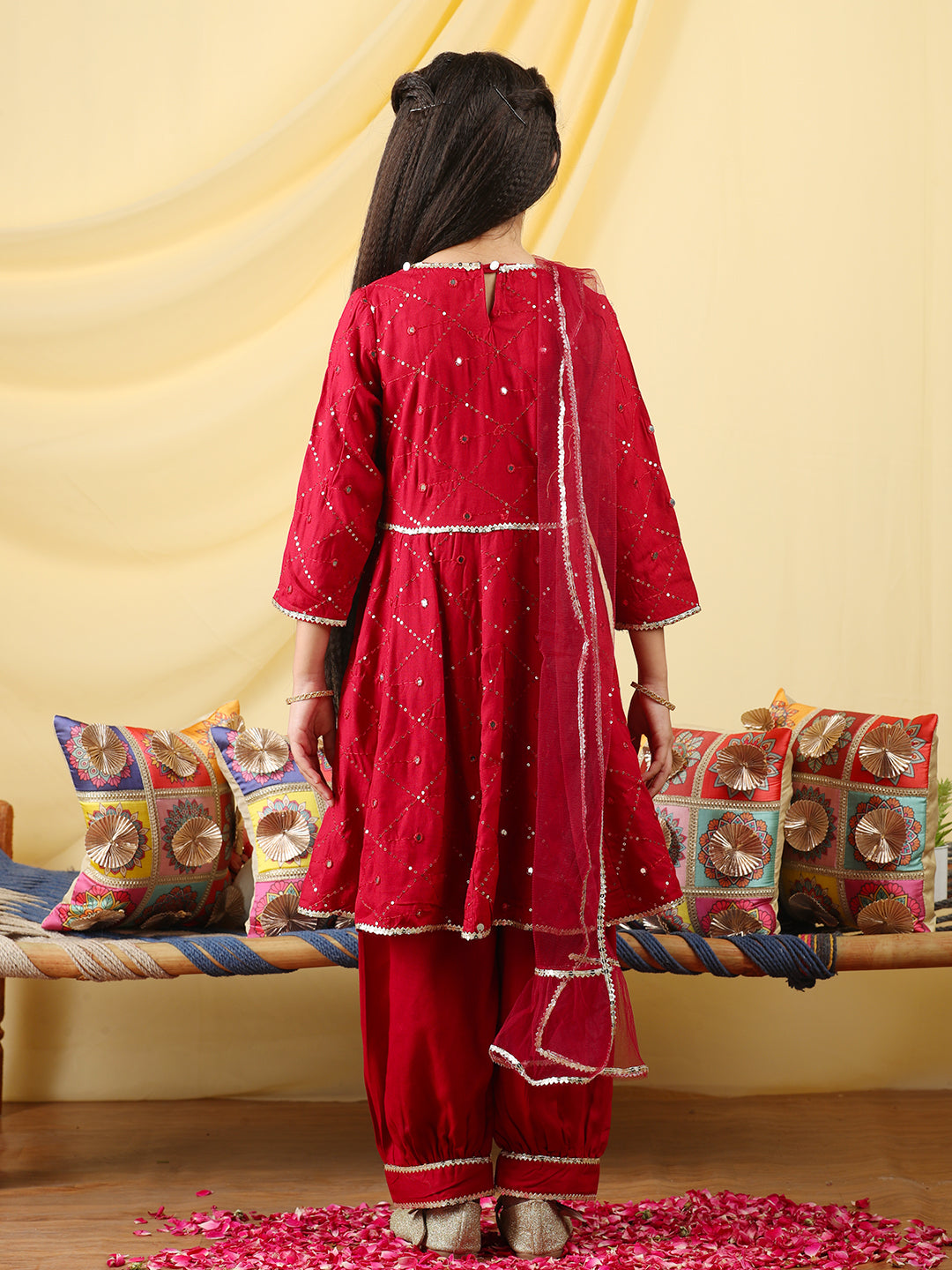 Cutiekins Girls Embroidered Angrakha Kurta & Salwar with Dupatta -Maroon & Gold