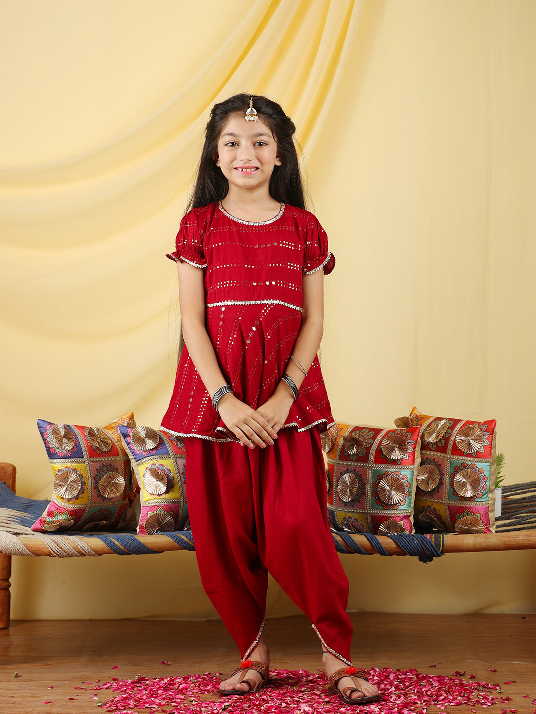 Cutiekins Girls Embroidered Mirror Work Kurta & Dhoti -Maroon & Silver