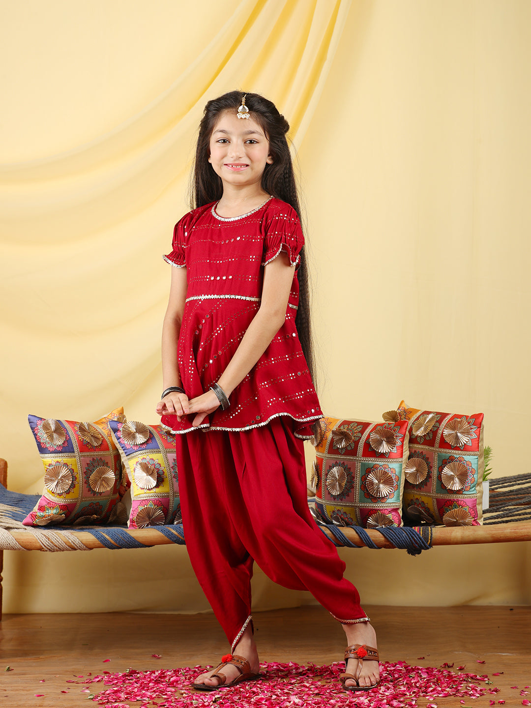 Cutiekins Girls Embroidered Mirror Work Kurta & Dhoti -Maroon & Silver