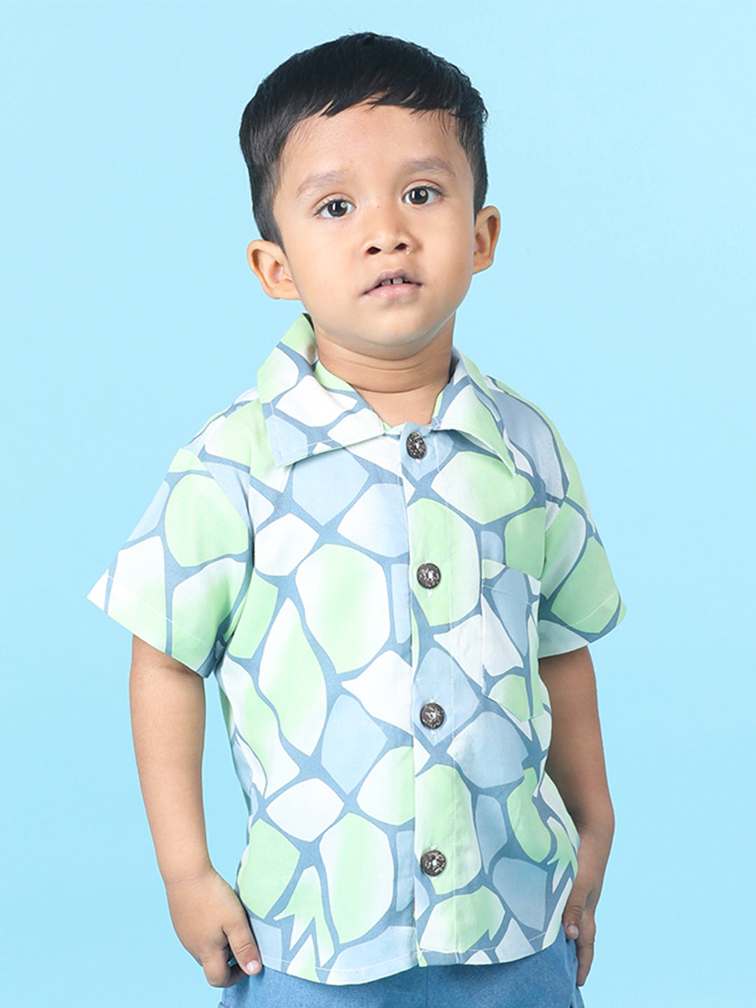 Cutiekins Boys Abstract Print Shirt -Steel Blue & Green