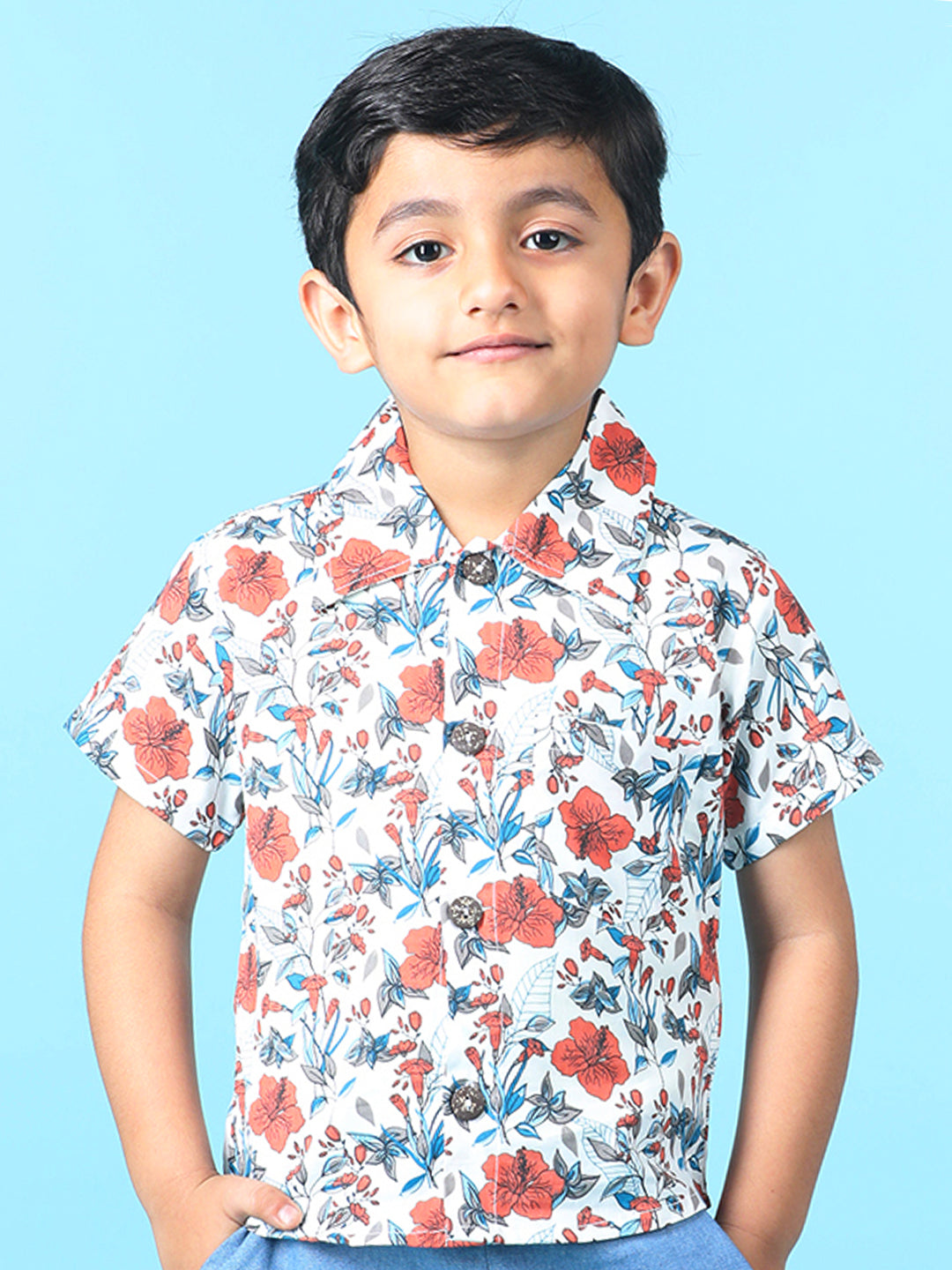 Cutiekins Boys Tropical Print Shirt -Off White & Rust