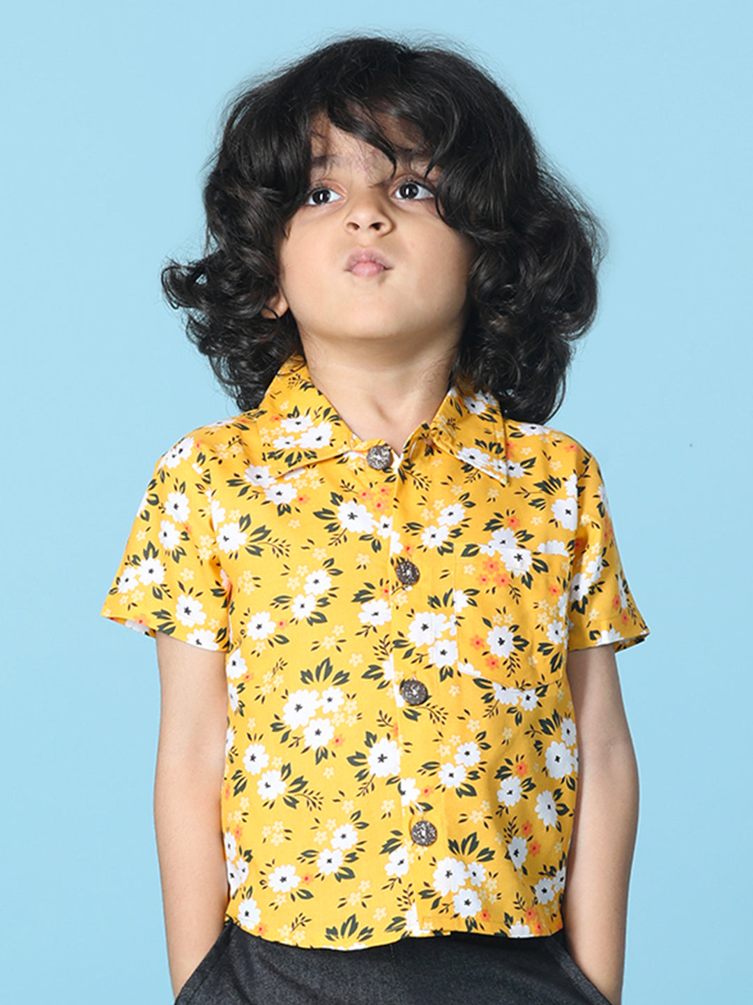 Cutiekins Boys Tropical Print Shirt-Mustard & White