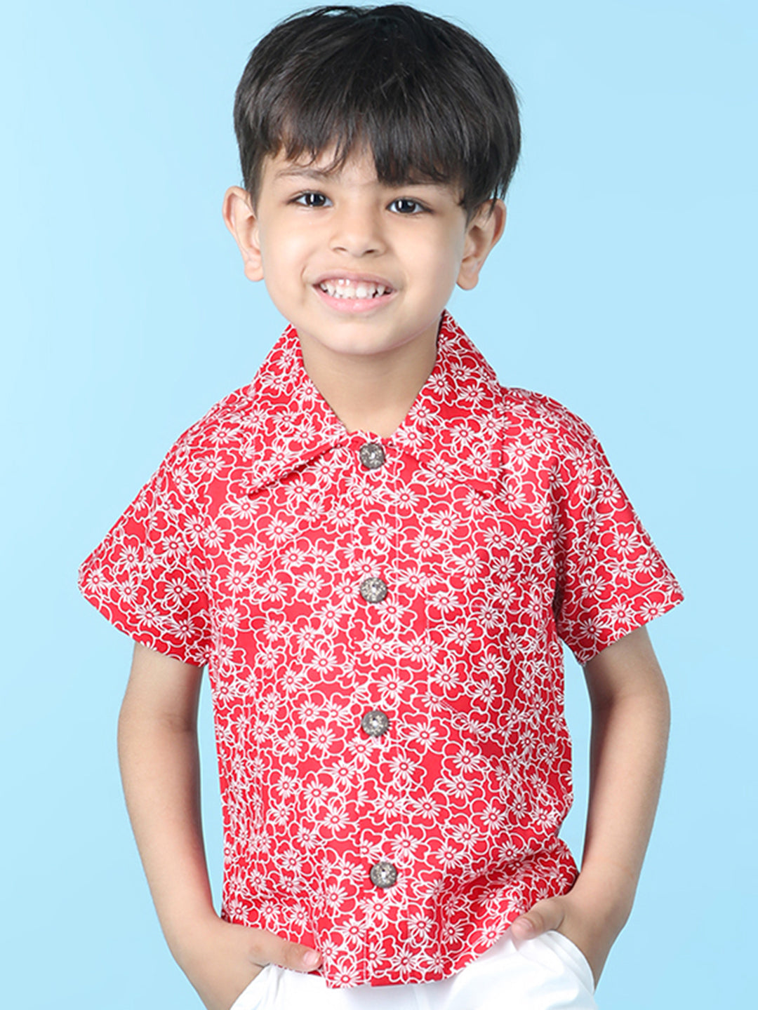 Cutiekins Boys Floral Print Shirt -Red & Off White