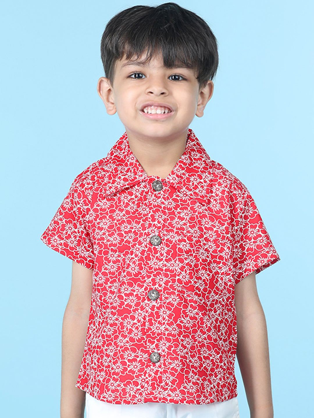 Cutiekins Boys Floral Print Shirt -Red & Off White