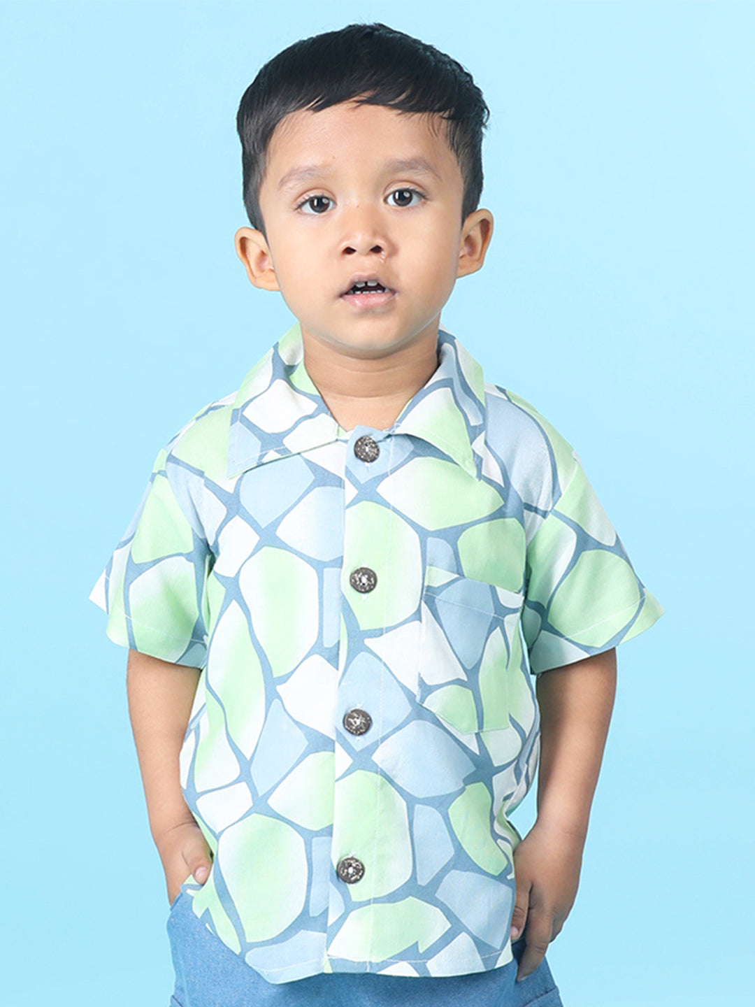 Cutiekins Boys Abstract Print Shirt -Steel Blue & Green