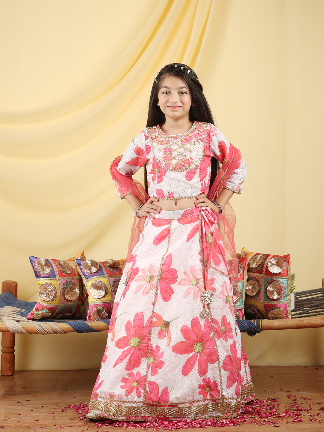 Cutiekins Girls Embroidered Floral Print Lehenga & Choli with Dupatta -Off White & Pink