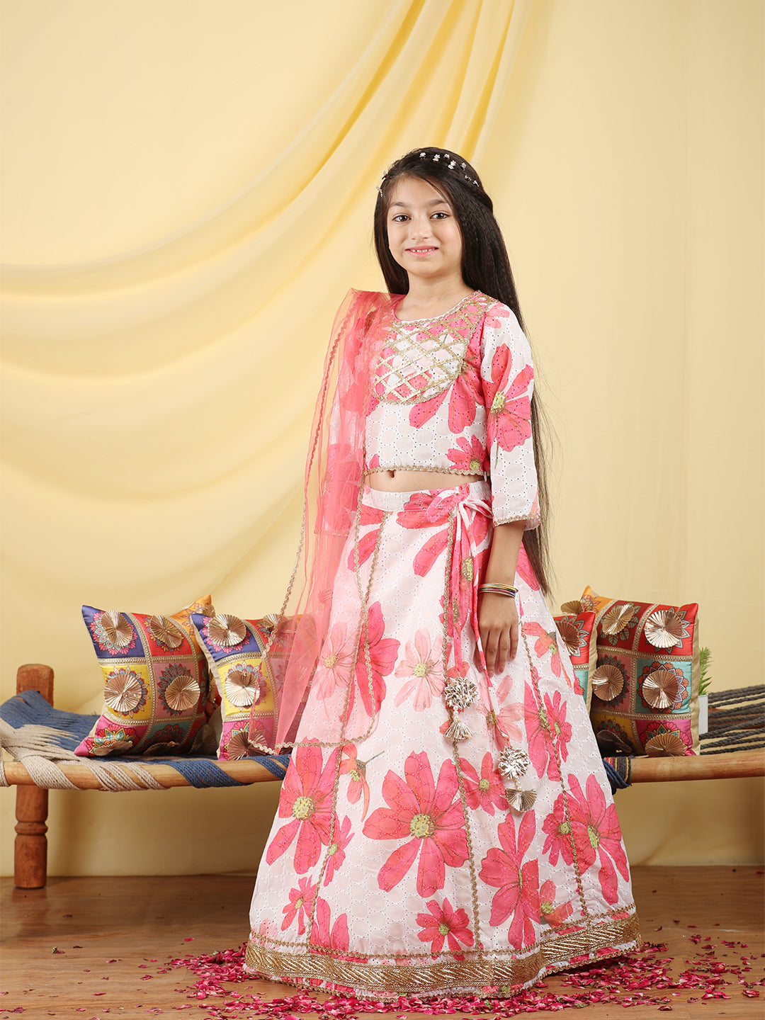 Cutiekins Girls Embroidered Floral Print Lehenga & Choli with Dupatta -Off White & Pink