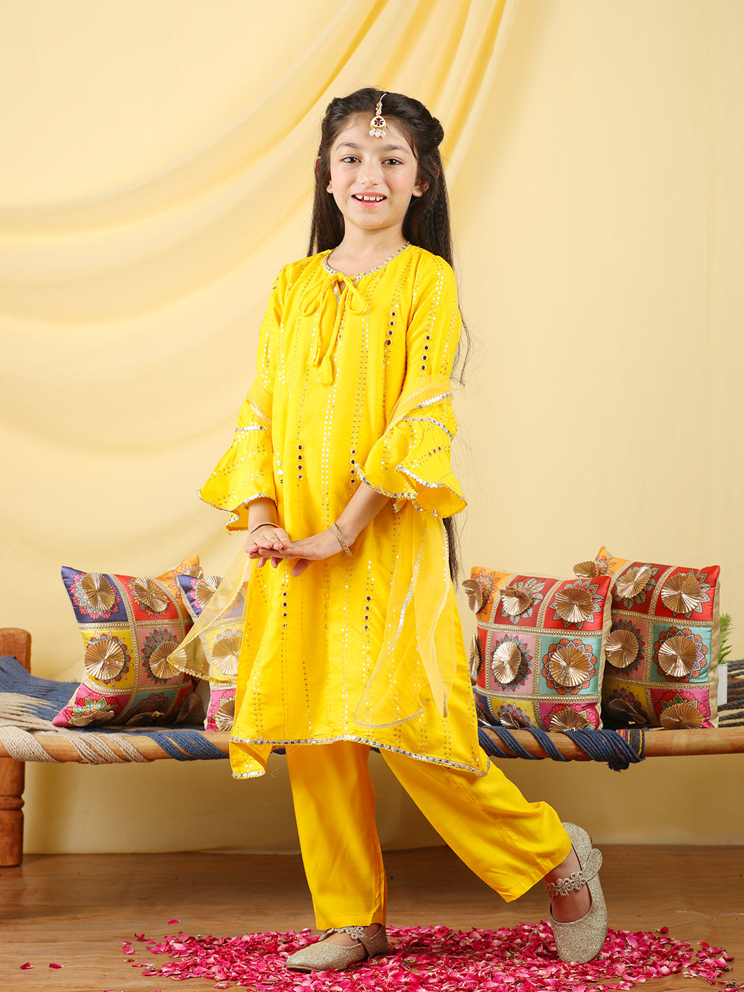 Cutiekins Girls Embroidered Mirror Work  Kurta & Palazzo with Dupatta -Yellow & Gold