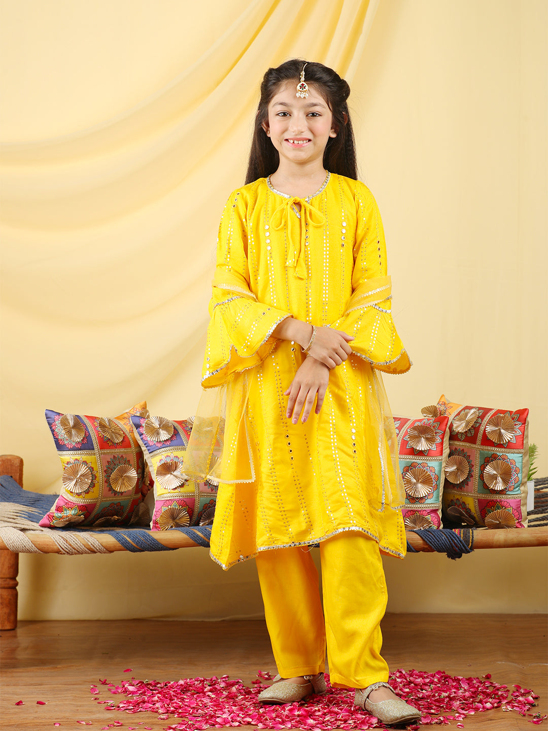 Cutiekins Girls Embroidered Mirror Work  Kurta & Palazzo with Dupatta -Yellow & Gold