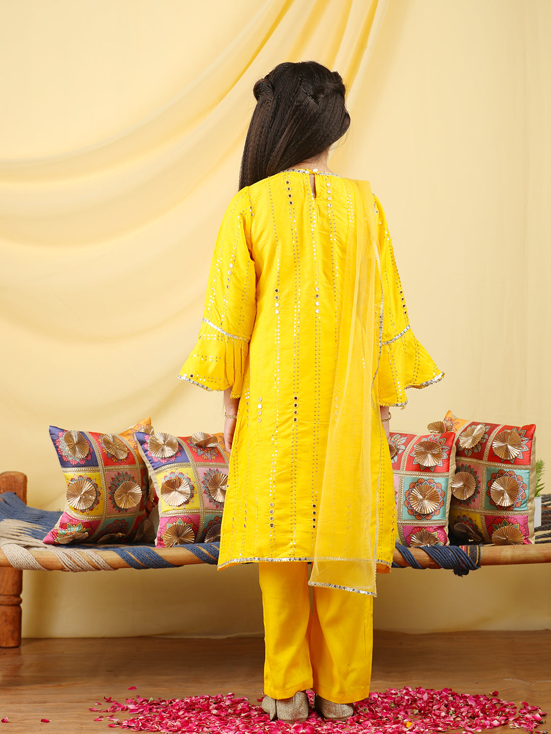 Cutiekins Girls Embroidered Mirror Work  Kurta & Palazzo with Dupatta -Yellow & Gold