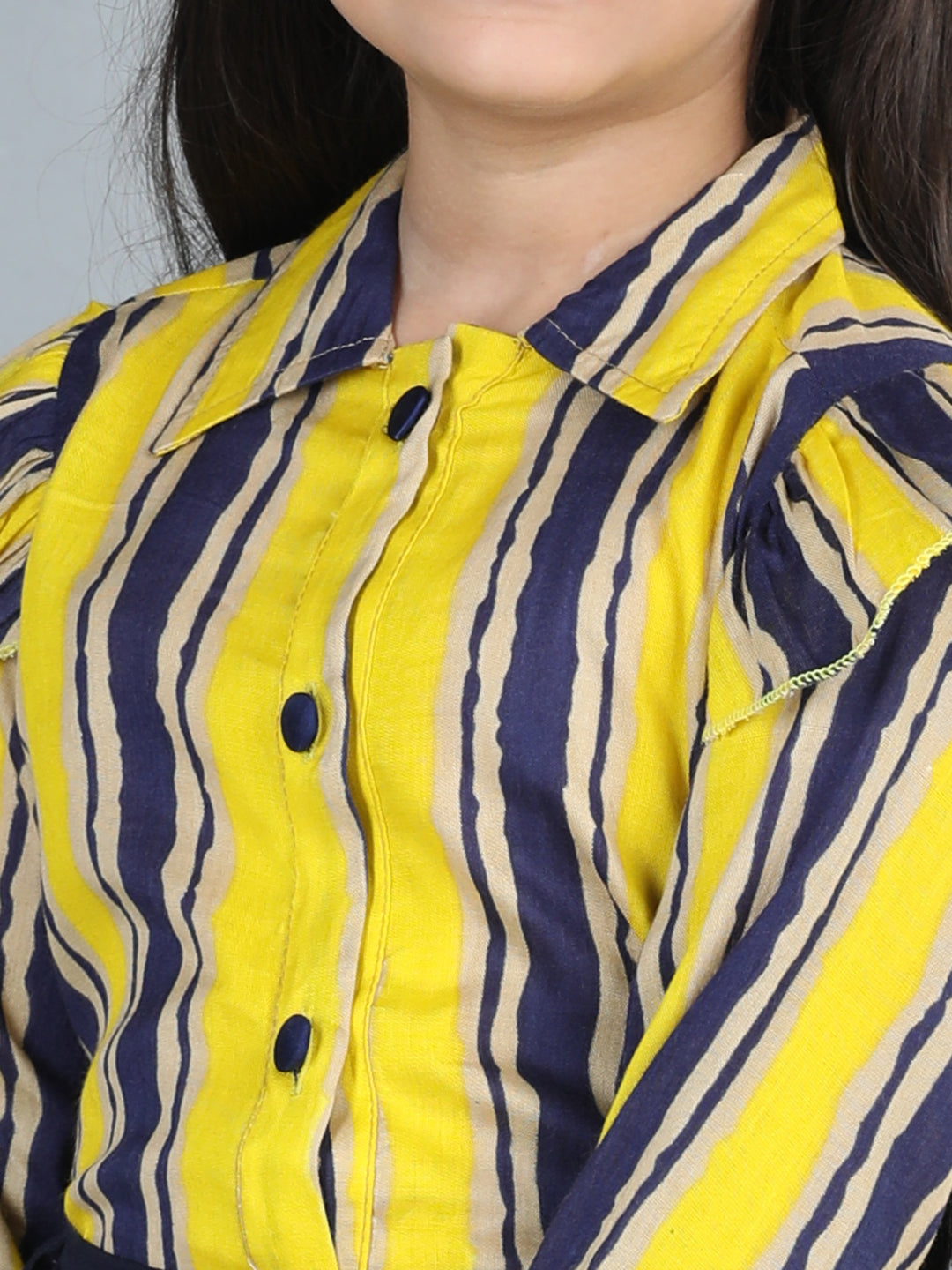 Cutiekins Girls Shirt Style Striped Top With Solid Trouser -Yellow & Navy Blue