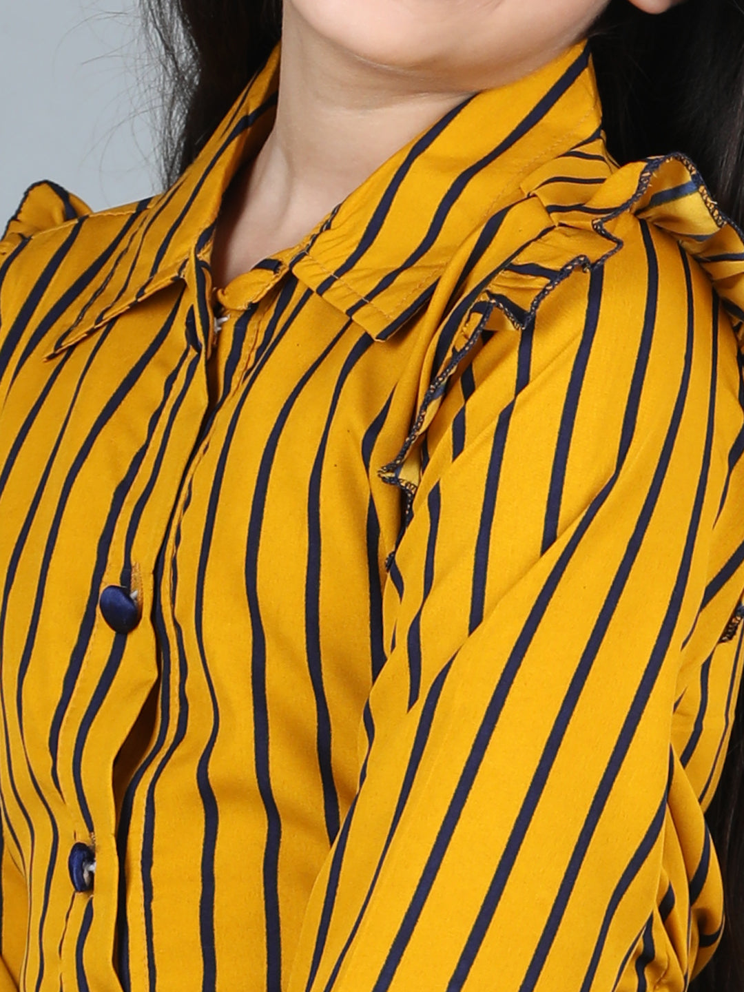 Cutiekins Girls Shirt Style Striped Top With Solid Trouser -Mustard & Navy Blue