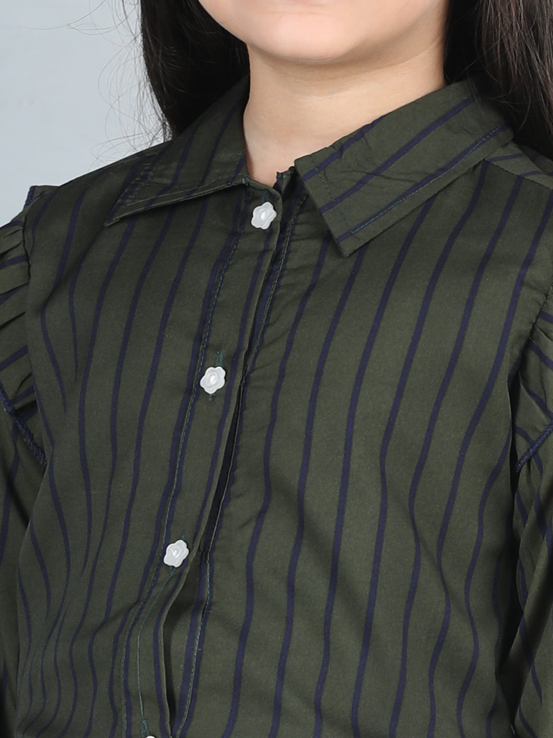 Cutiekins Girls Shirt Style Striped Top With Solid Trouser -Rifle Green & White