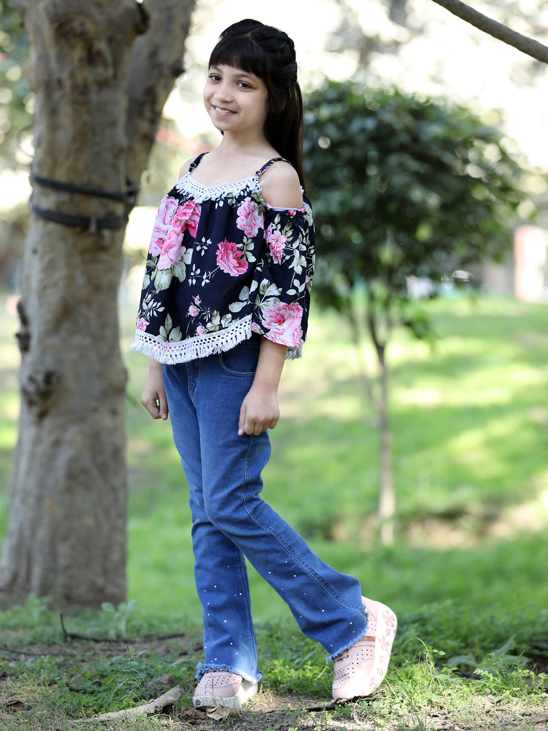 Cutiekins Floral Printed Cold Shoulder Lace Embellished Top -Navy Blue & White