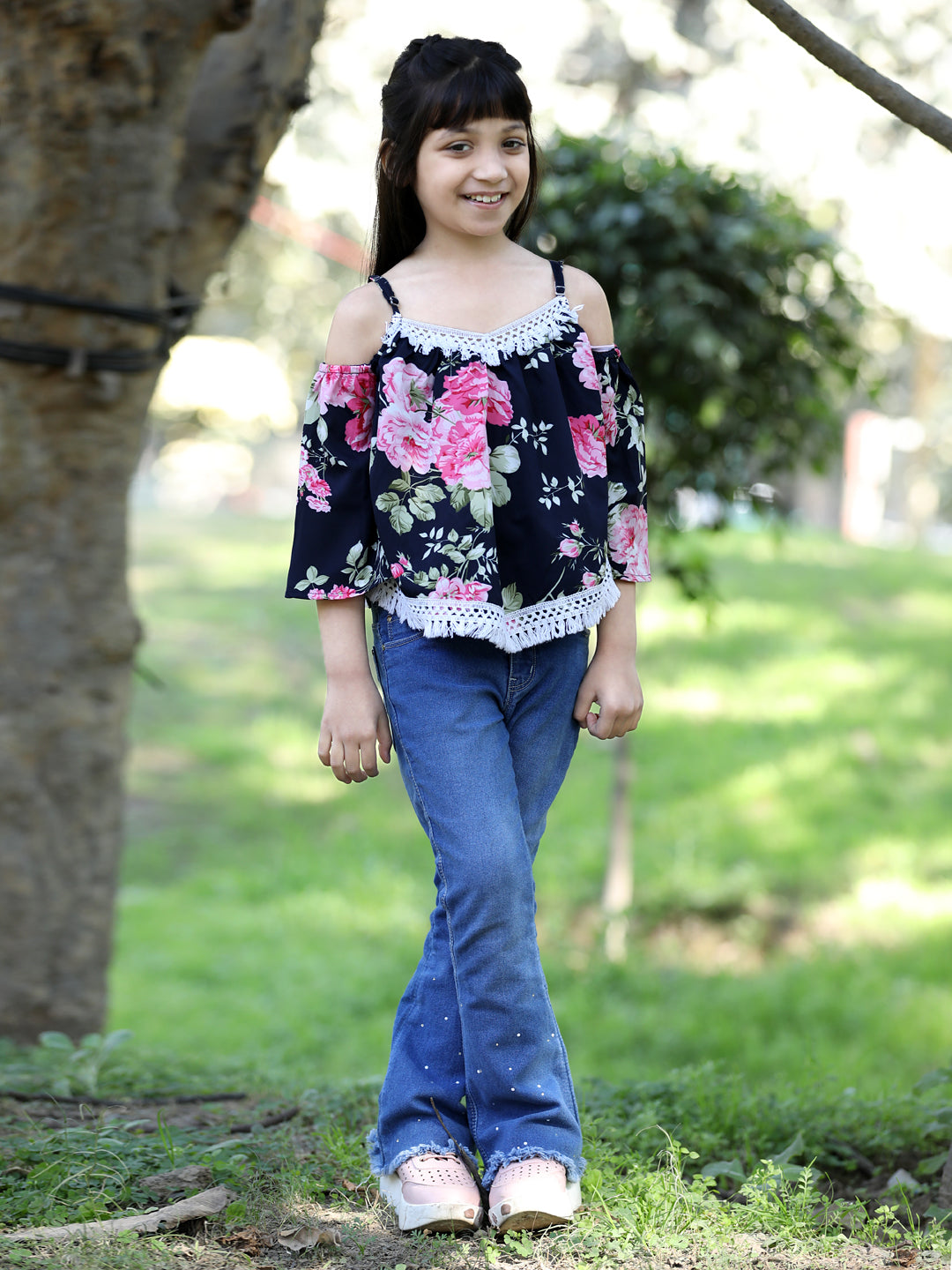 Cutiekins Floral Printed Cold Shoulder Lace Embellished Top -Navy Blue & White