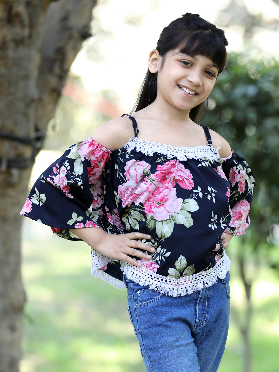 Cutiekins Floral Printed Cold Shoulder Lace Embellished Top -Navy Blue & White