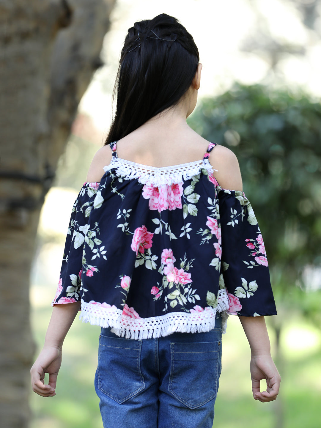 Cutiekins Floral Printed Cold Shoulder Lace Embellished Top -Navy Blue & White