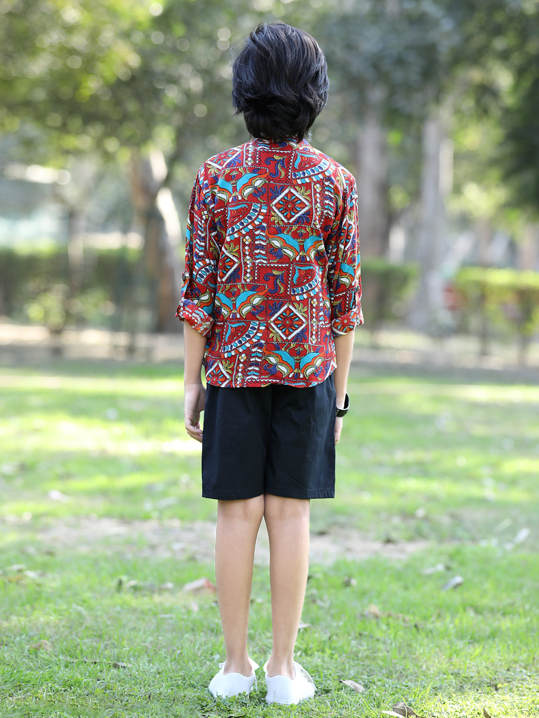 Cutiekins Tribal Printed Shirt & Shorts Set-Maroon & Black