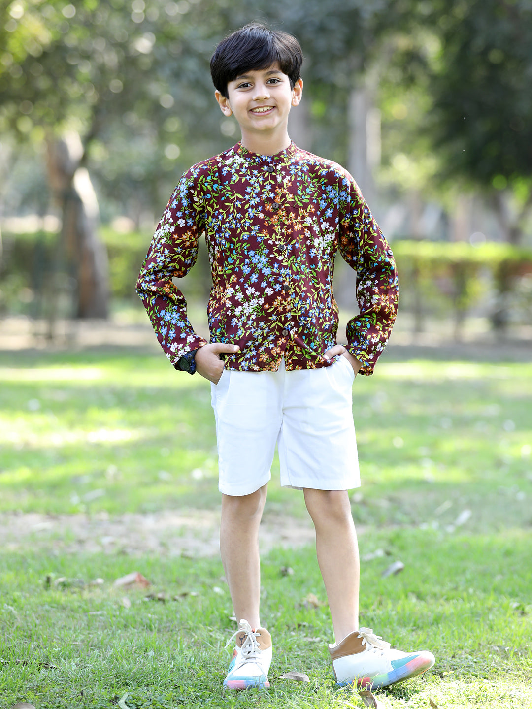 Cutiekins Floral & Leaf Printed Shirt & Shorts Set-Brown & White