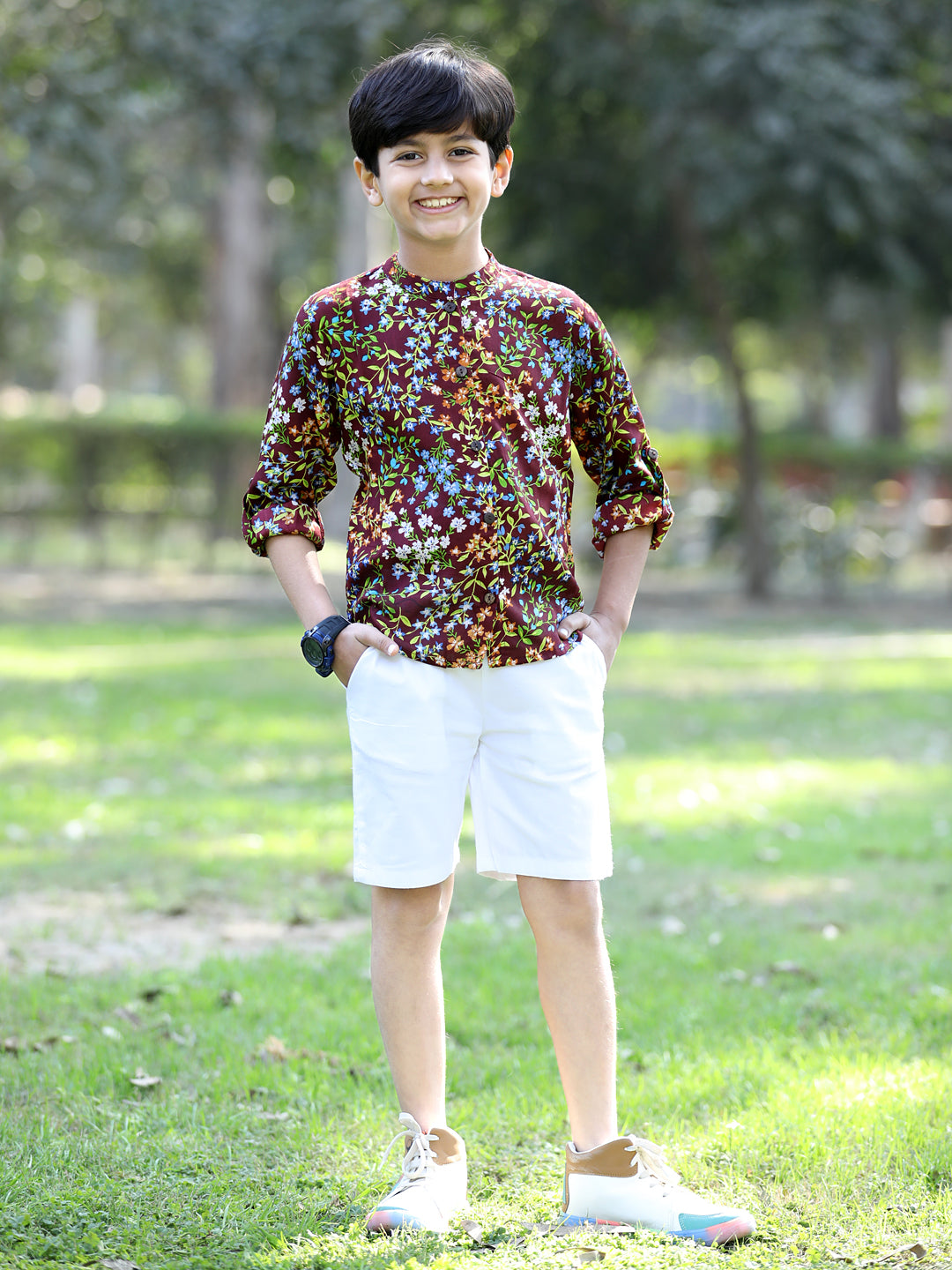 Cutiekins Floral & Leaf Printed Shirt & Shorts Set-Brown & White