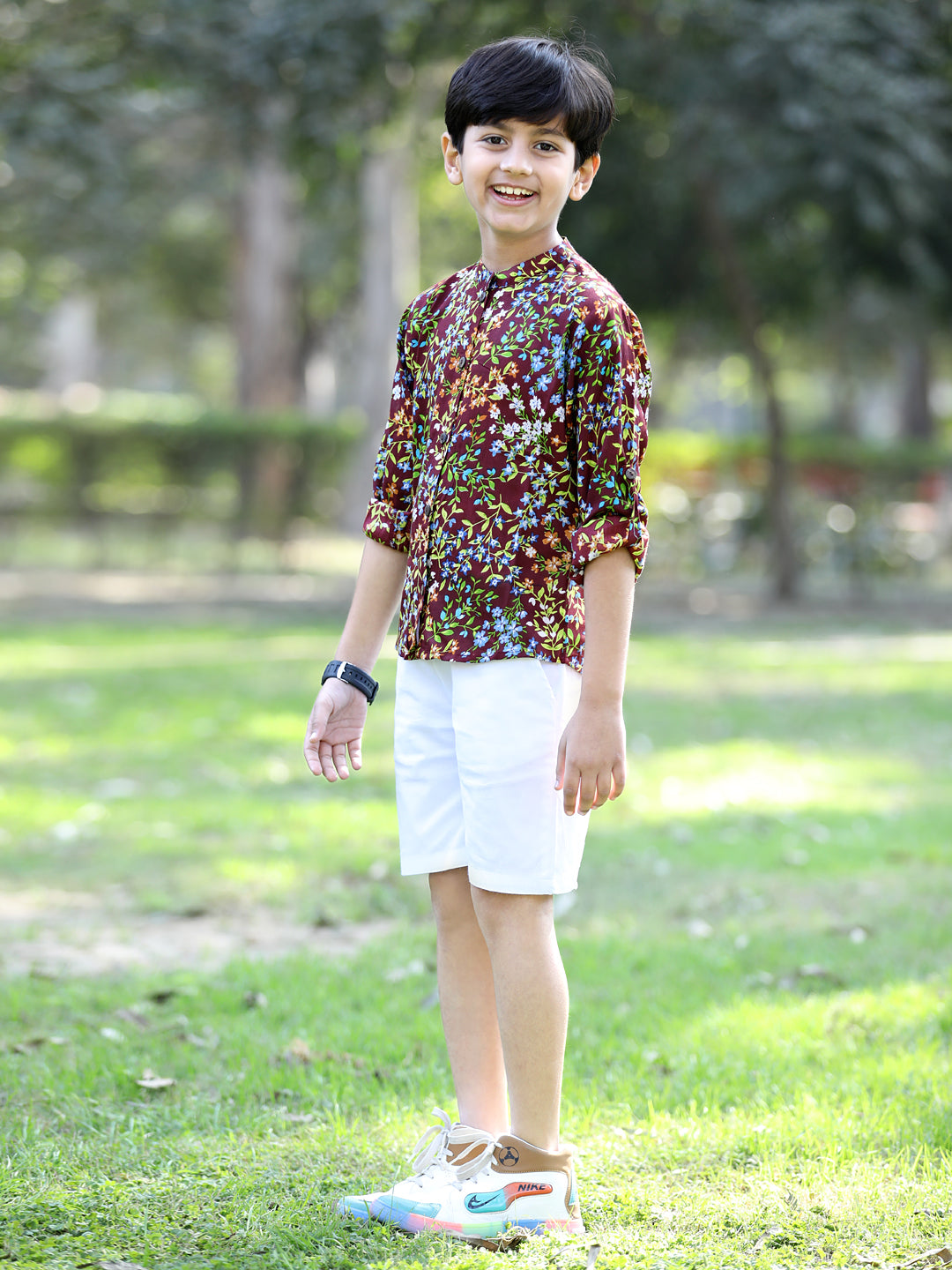 Cutiekins Floral & Leaf Printed Shirt & Shorts Set-Brown & White