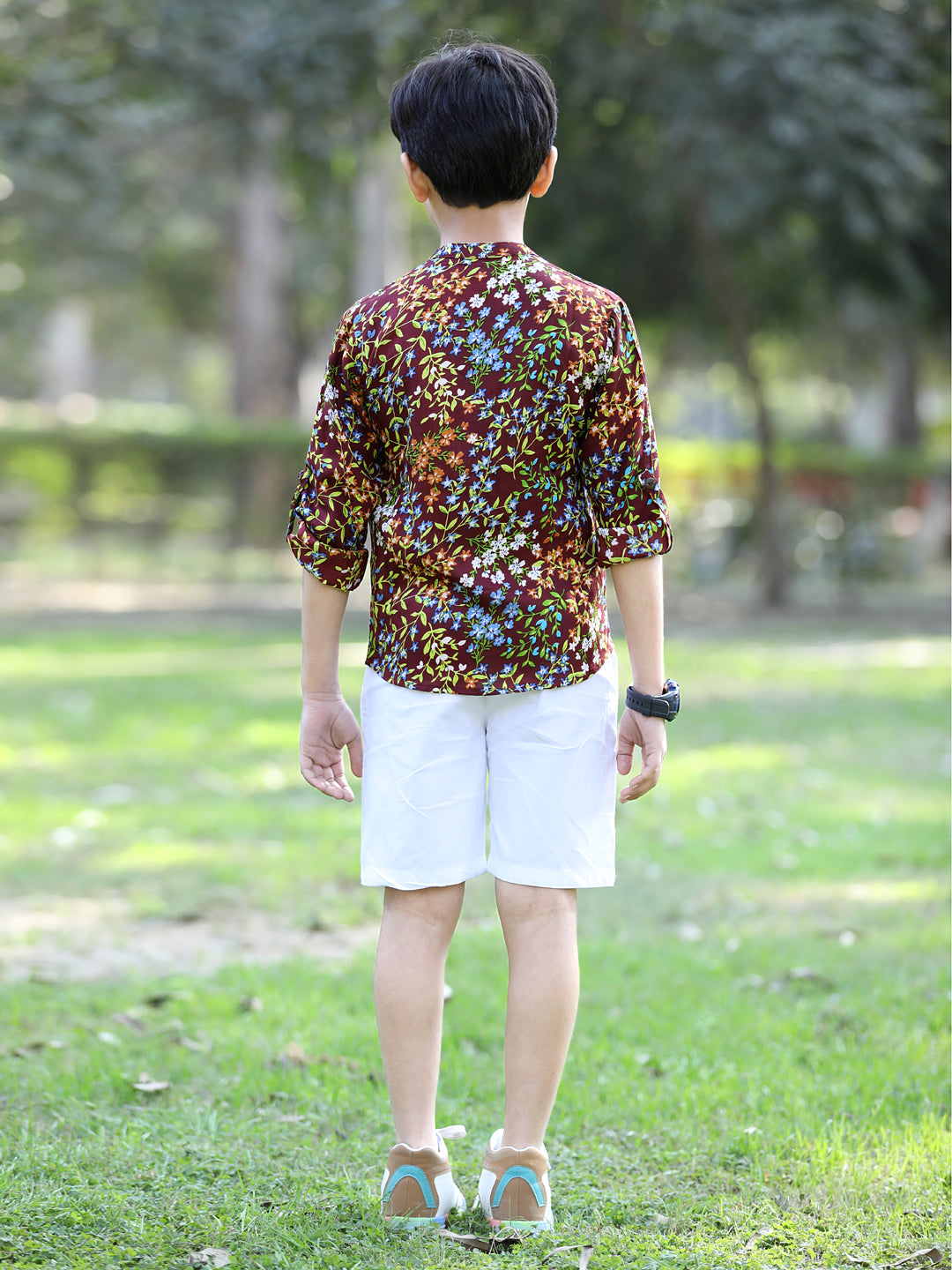 Cutiekins Floral & Leaf Printed Shirt & Shorts Set-Brown & White