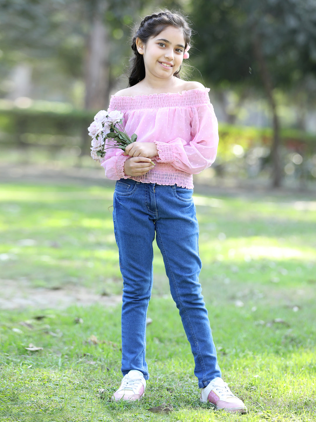 Cutiekins Off Shoulder Georgette Long Sleeves Top-Light Pink