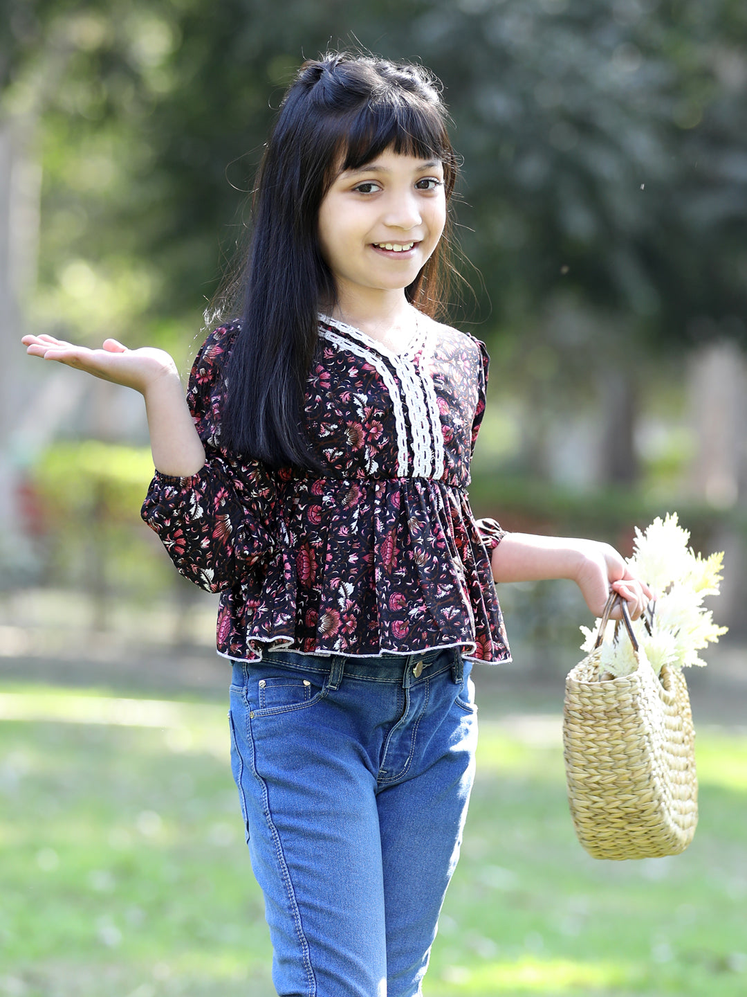 Cutiekins Floral Printed V-Neck Peplum Top -Brown & White