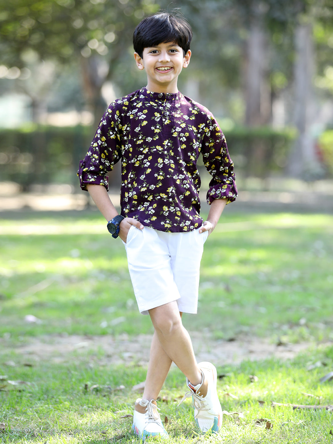 Cutiekins Floral & Leaf Printed Shirt & Shorts Set-Purple & White