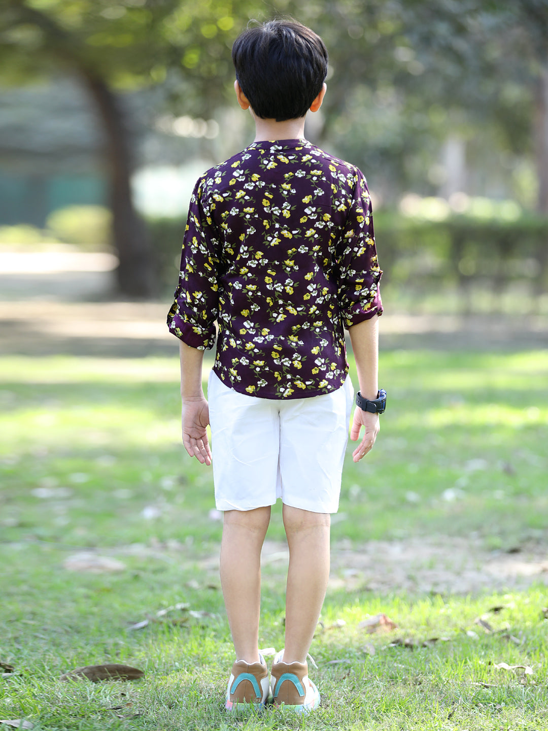 Cutiekins Floral & Leaf Printed Shirt & Shorts Set-Purple & White