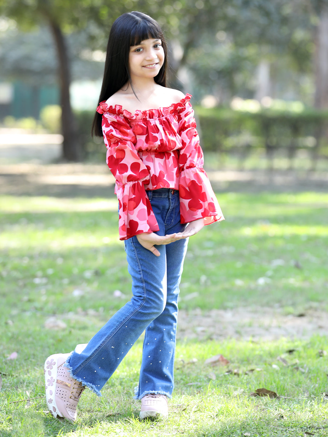 Cutiekins Floral Printed Off Shoulder Long Sleeves Top -Peach & Red