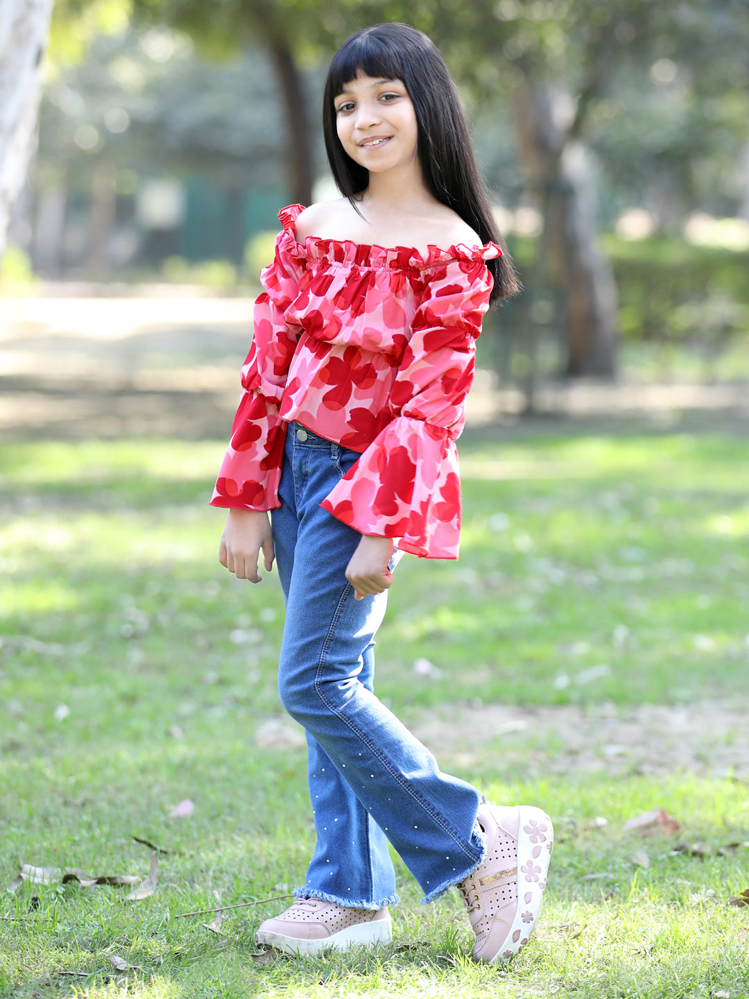 Cutiekins Floral Printed Off Shoulder Long Sleeves Top -Peach & Red