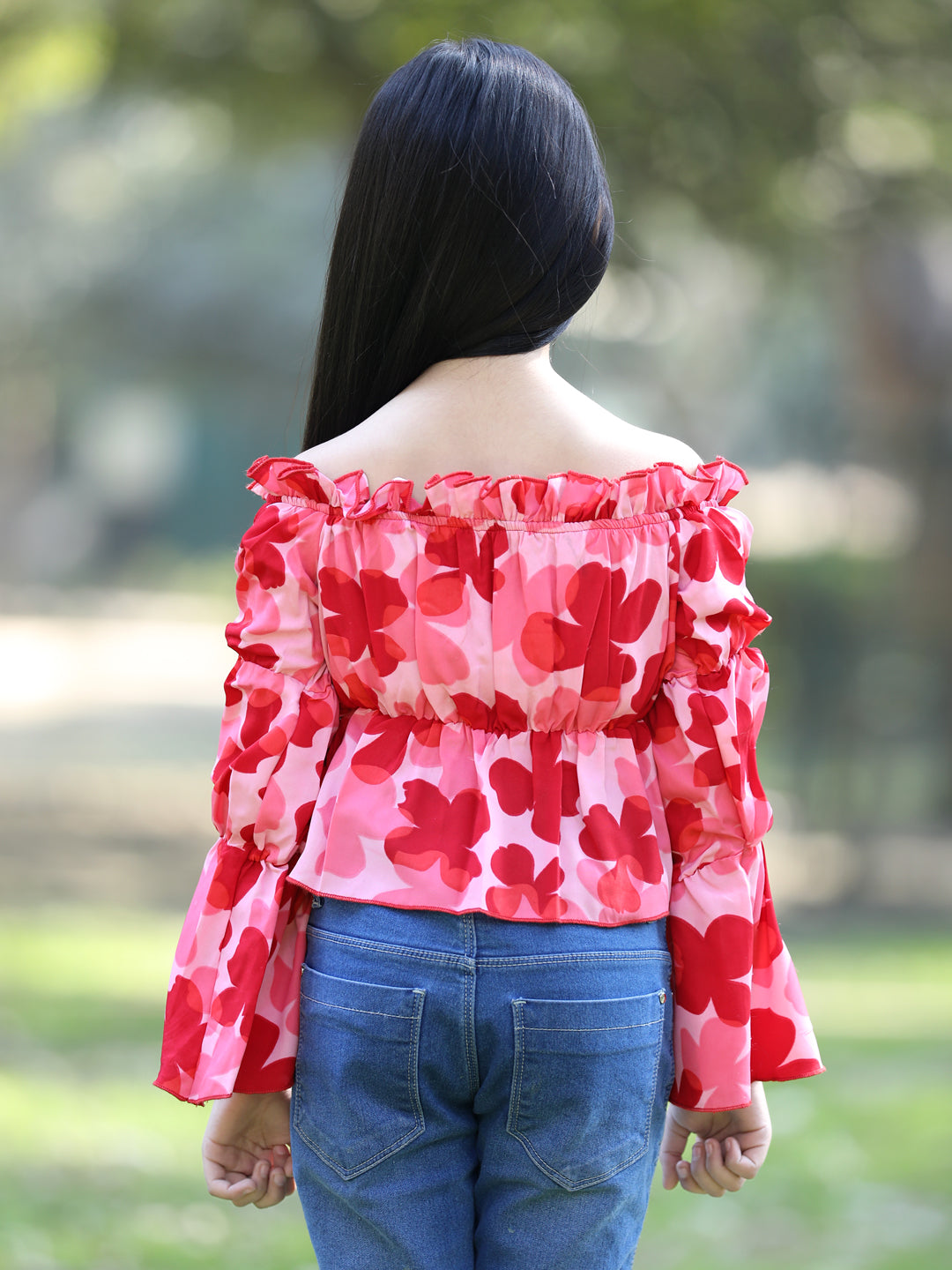 Cutiekins Floral Printed Off Shoulder Long Sleeves Top -Peach & Red