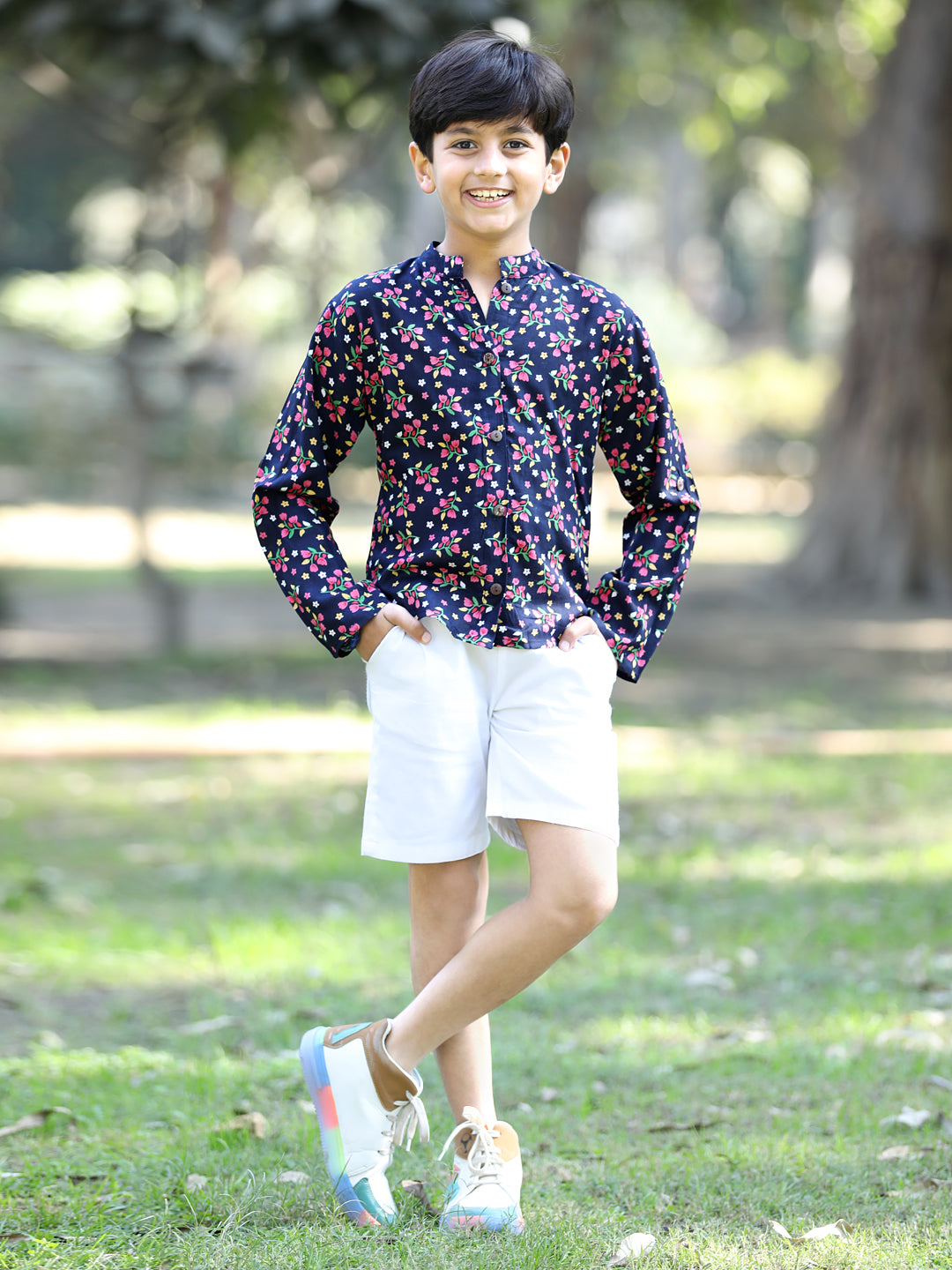 Cutiekins Floral & Leaf Printed Shirt & Shorts Set-Navy Blue & White