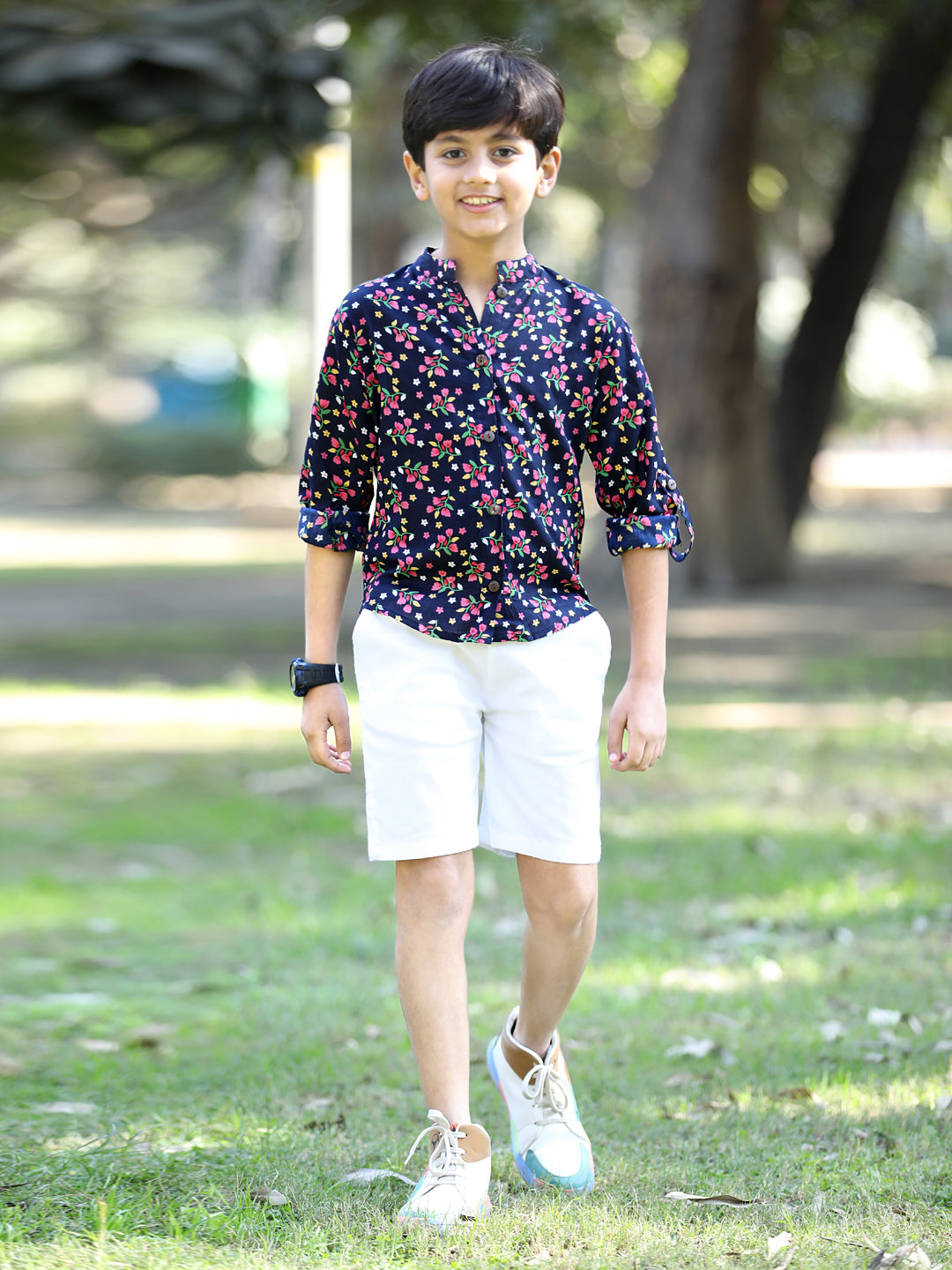 Cutiekins Floral & Leaf Printed Shirt & Shorts Set-Navy Blue & White