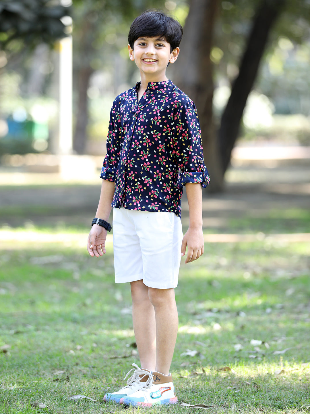 Cutiekins Floral & Leaf Printed Shirt & Shorts Set-Navy Blue & White