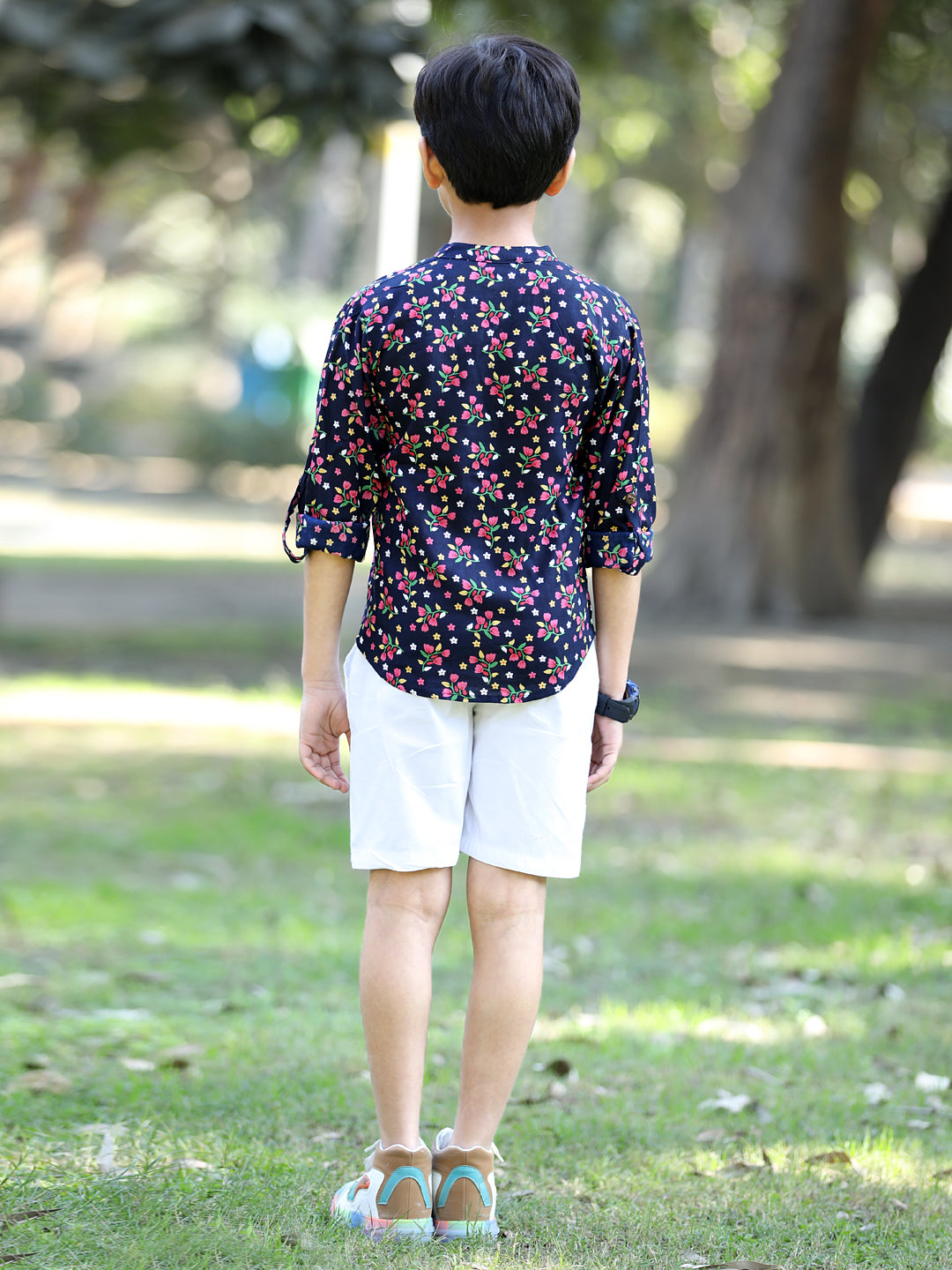 Cutiekins Floral & Leaf Printed Shirt & Shorts Set-Navy Blue & White