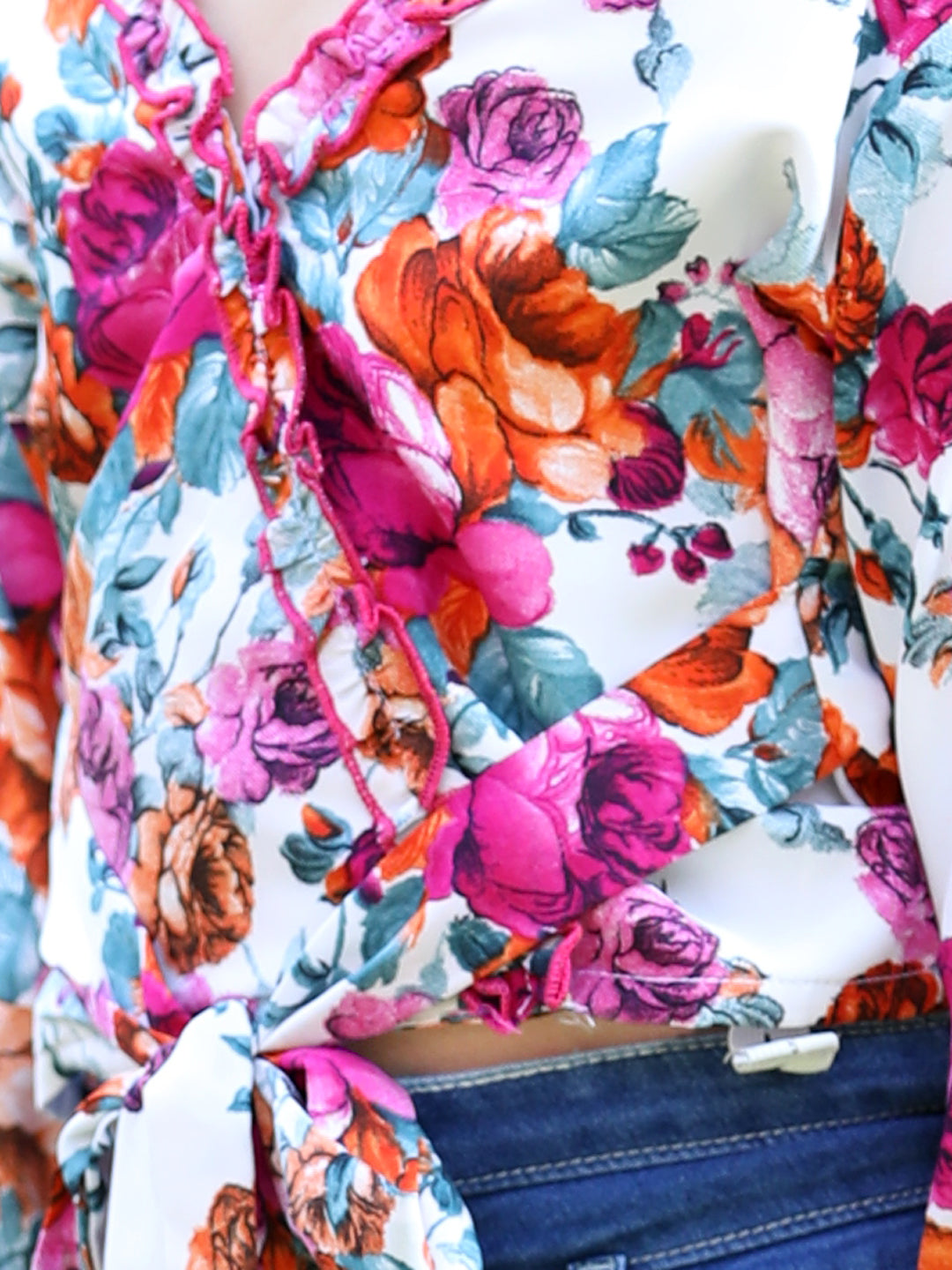 Cutiekins Floral Printed V-Neck Long Sleeves Top- White & Pink