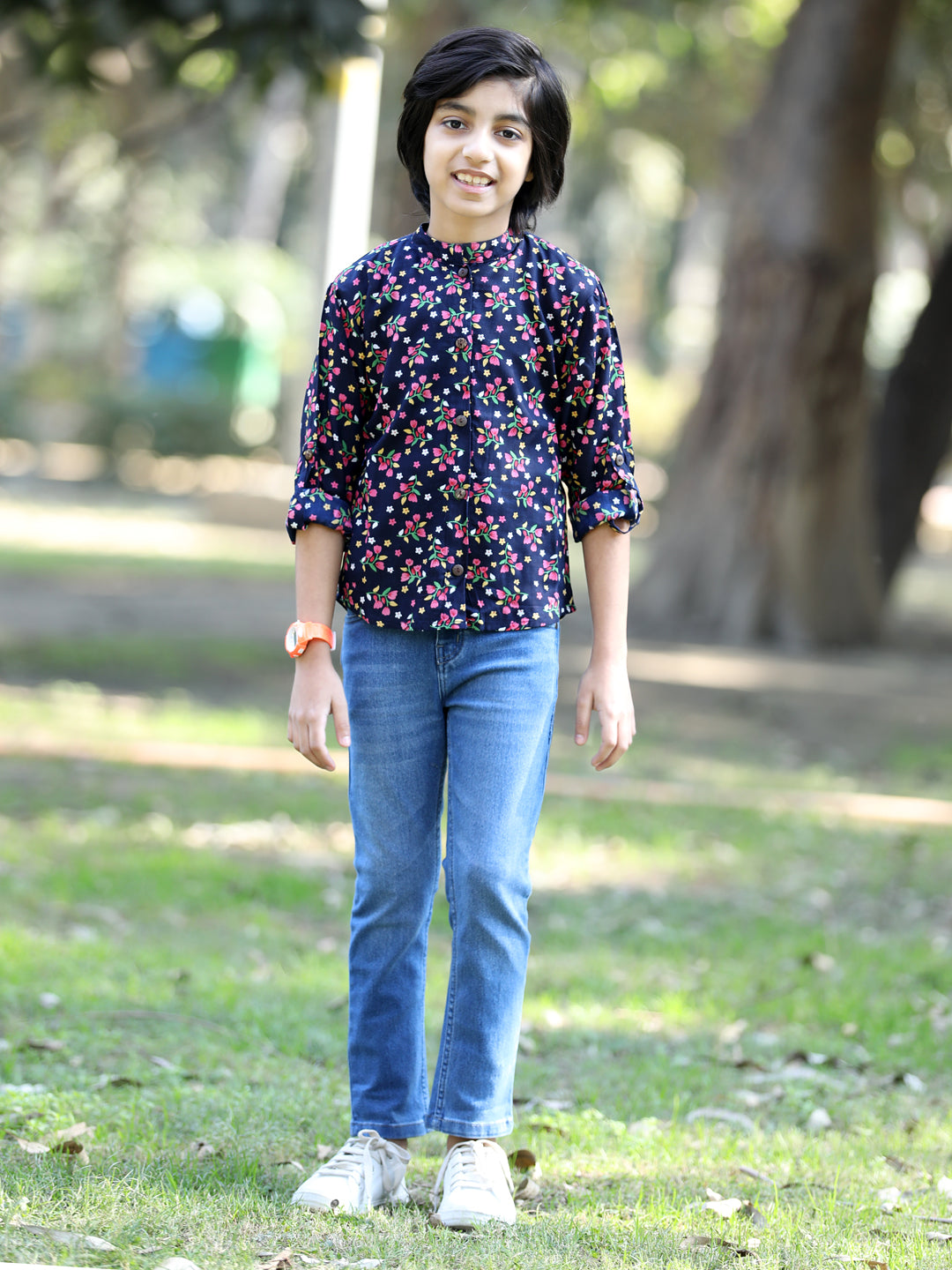 Cutiekins Floral & Leaf Printed Shirt -Navy Blue & Pink