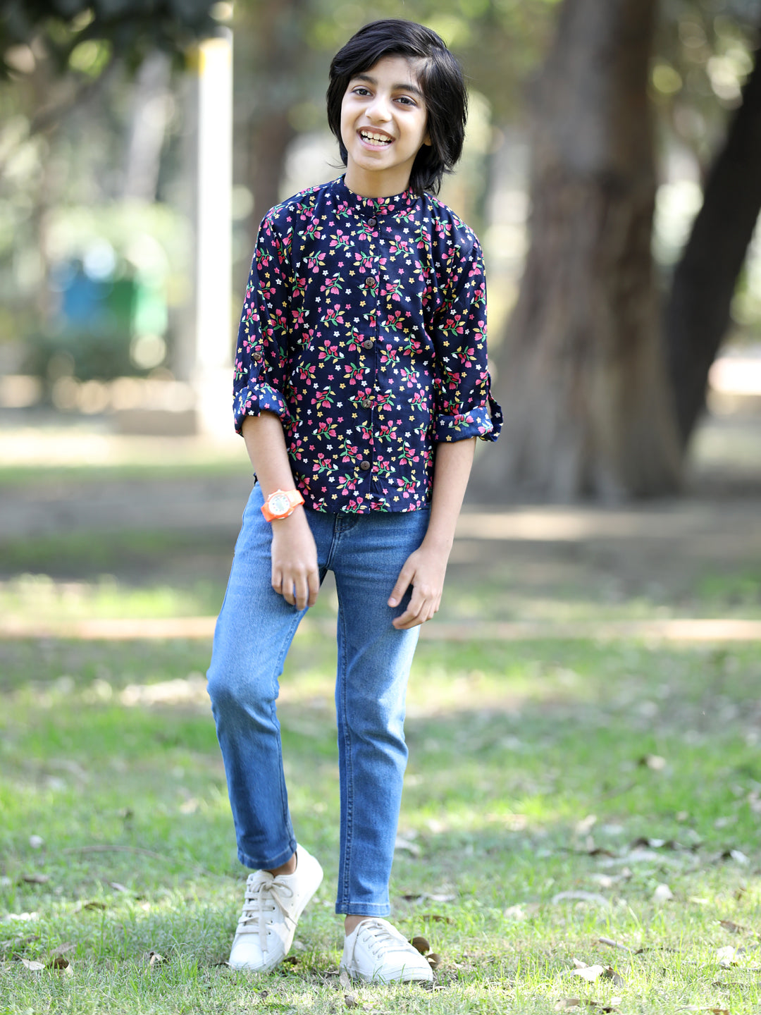 Cutiekins Floral & Leaf Printed Shirt -Navy Blue & Pink