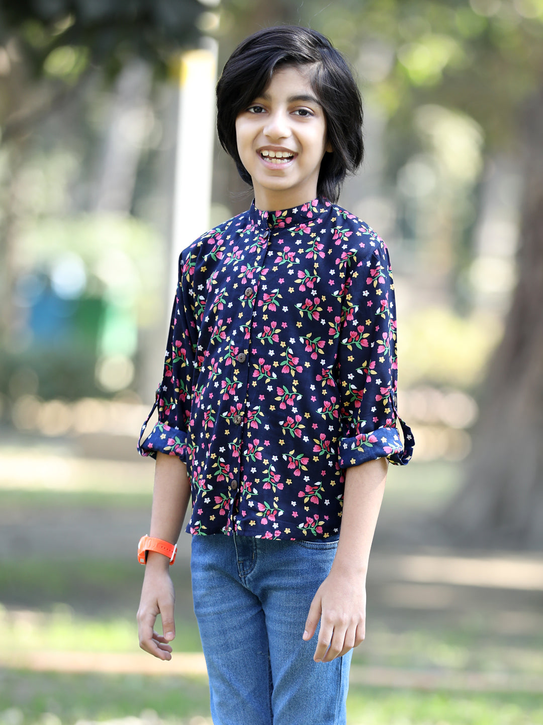 Cutiekins Floral & Leaf Printed Shirt -Navy Blue & Pink