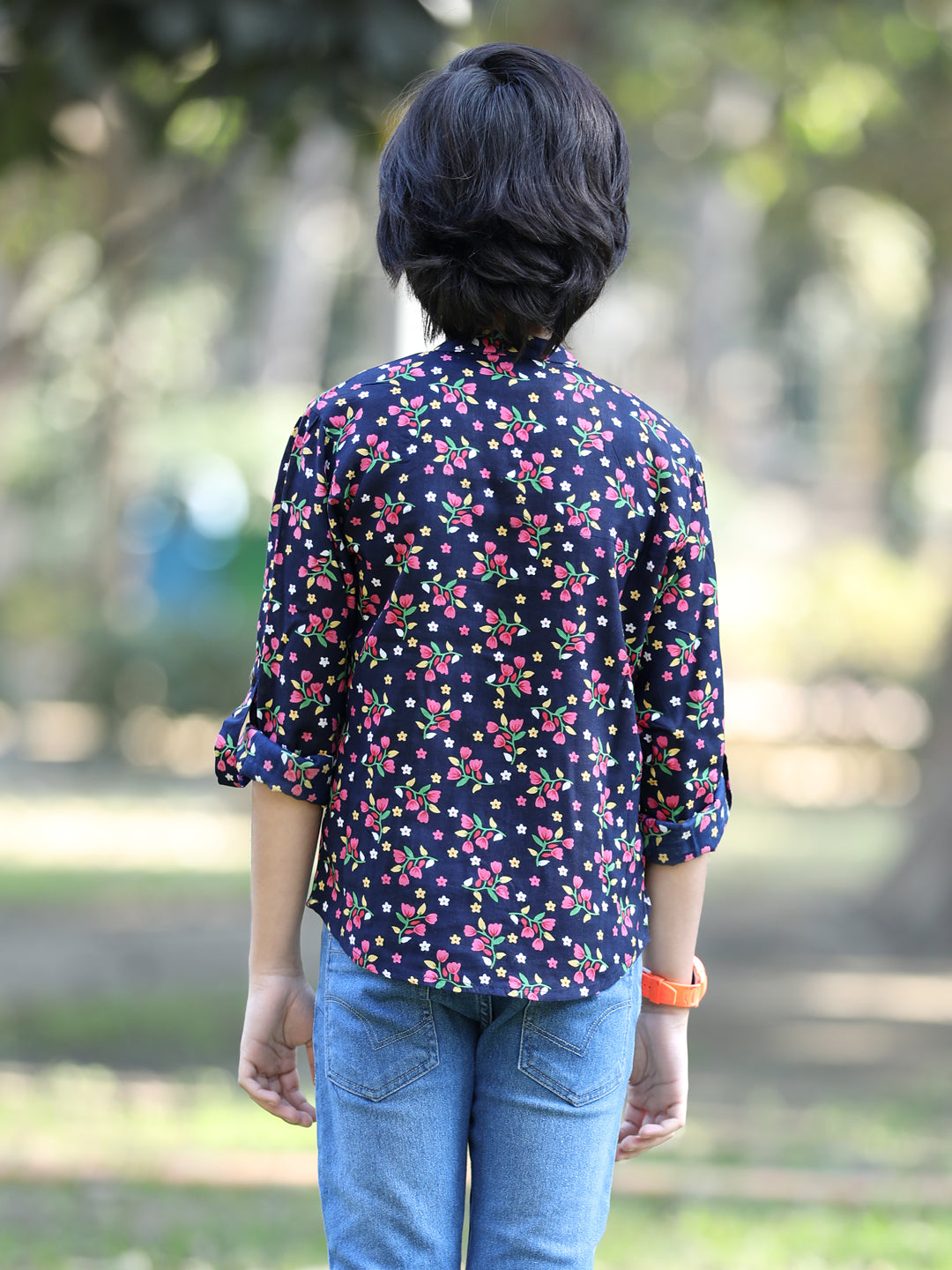 Cutiekins Floral & Leaf Printed Shirt -Navy Blue & Pink