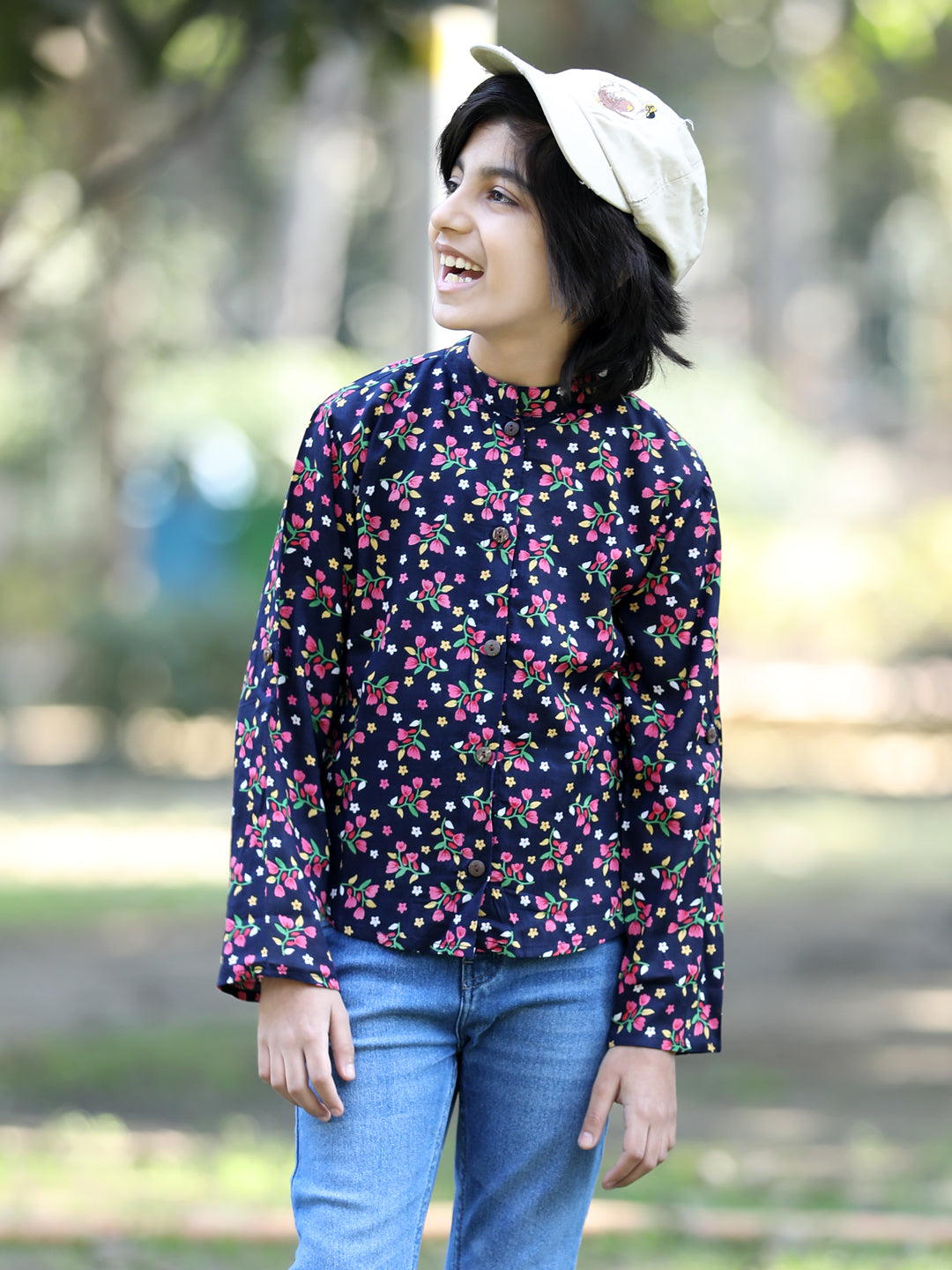 Cutiekins Floral & Leaf Printed Shirt -Navy Blue & Pink