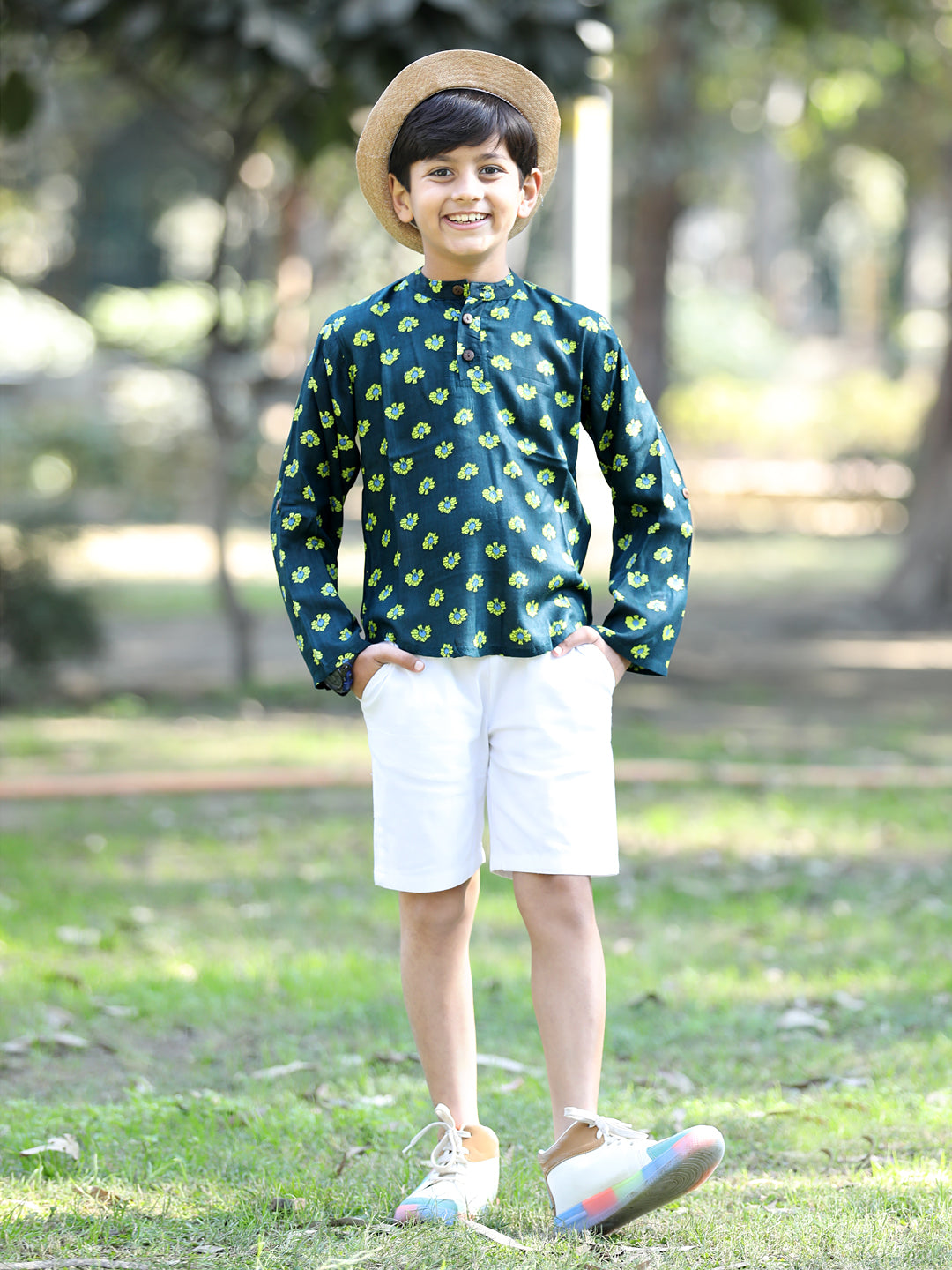 Cutiekins Floral Printed T-Shirt & Shorts Set-Green & White