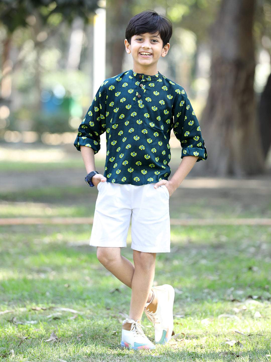 Cutiekins Floral Printed T-Shirt & Shorts Set-Green & White