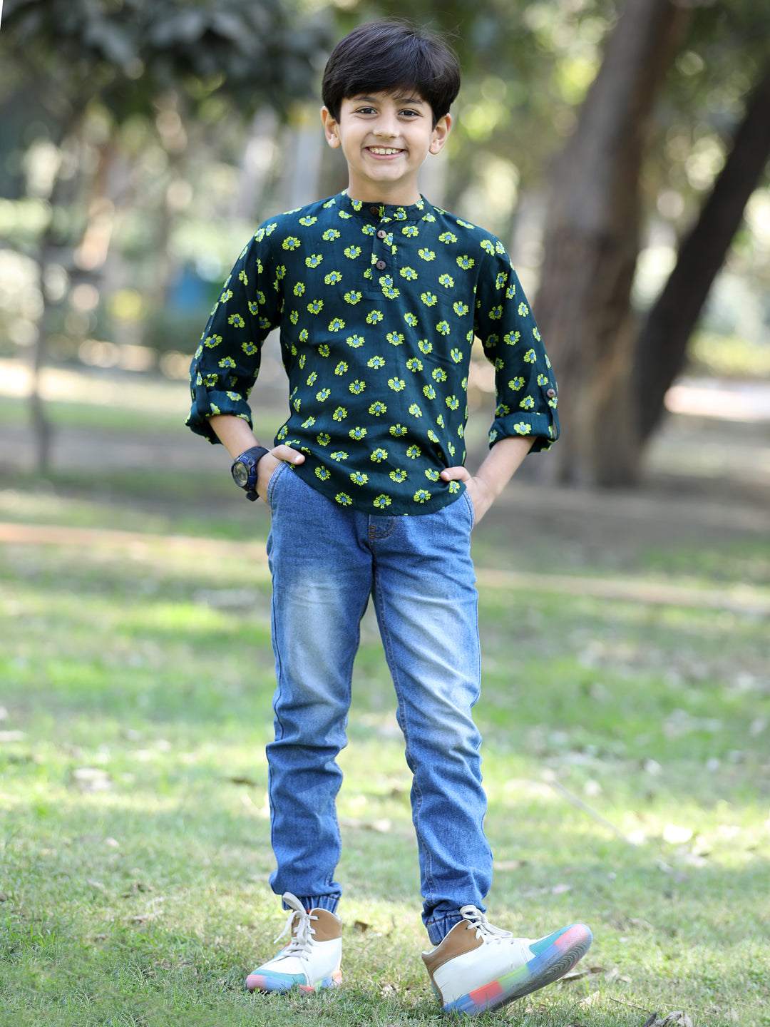 Cutiekins Floral Printed T-Shirt -Green & Yellow