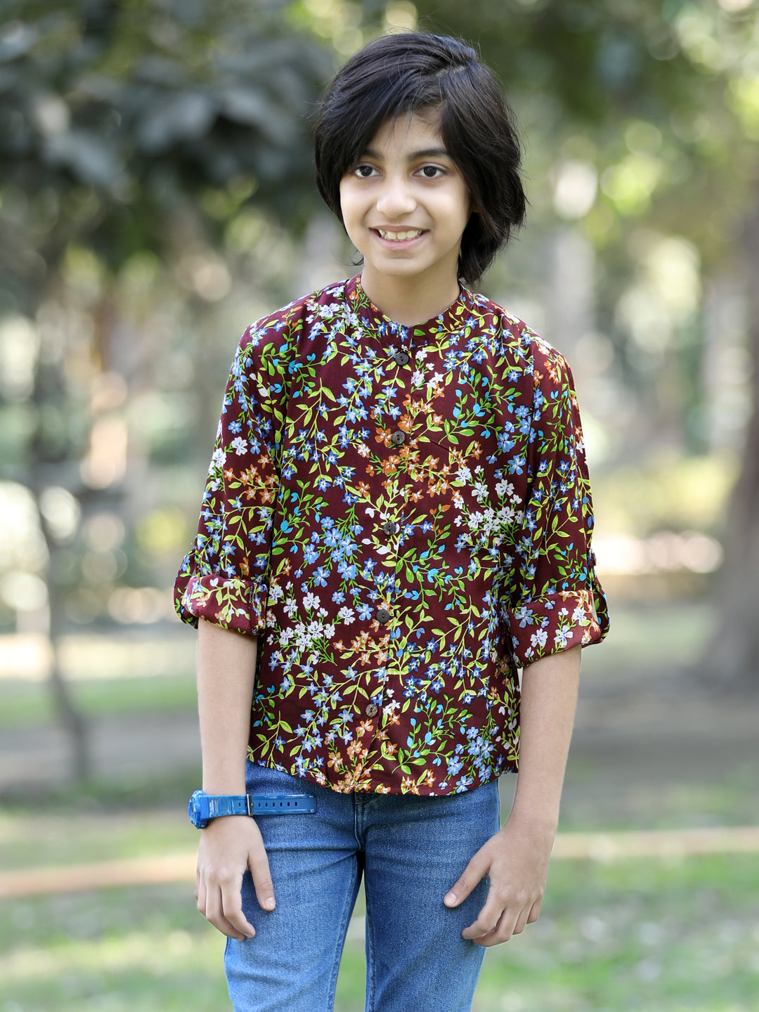 Cutiekins Floral & Leaf Printed Shirt -Brown & Green